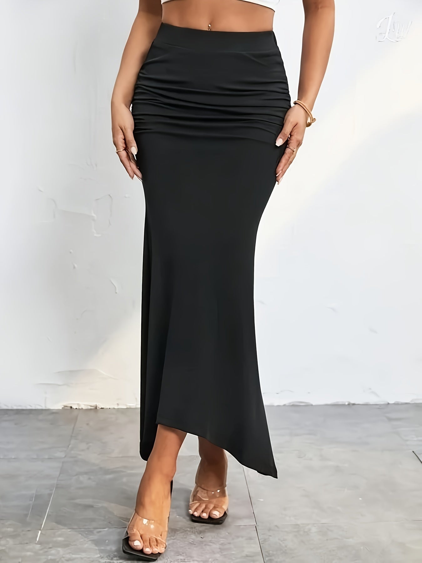 High Waist Mermaid Hem Skirts, Elegant Slim Ruched Maxi Skirts, Women's Clothing