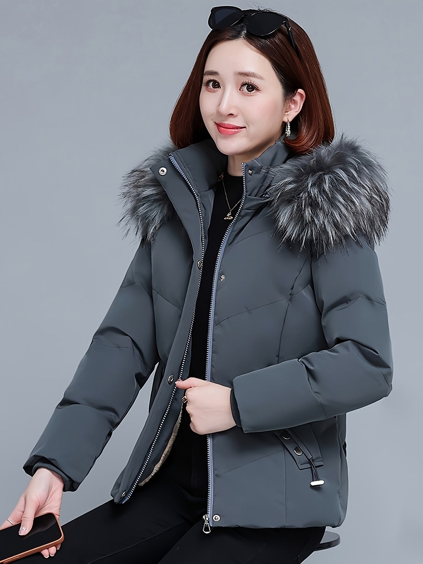 Elegant Women's Winter Coat with Faux Fur Collar - Warm, Thickened Polyester, Zip-Up, Long Sleeve - Chic Solid Color