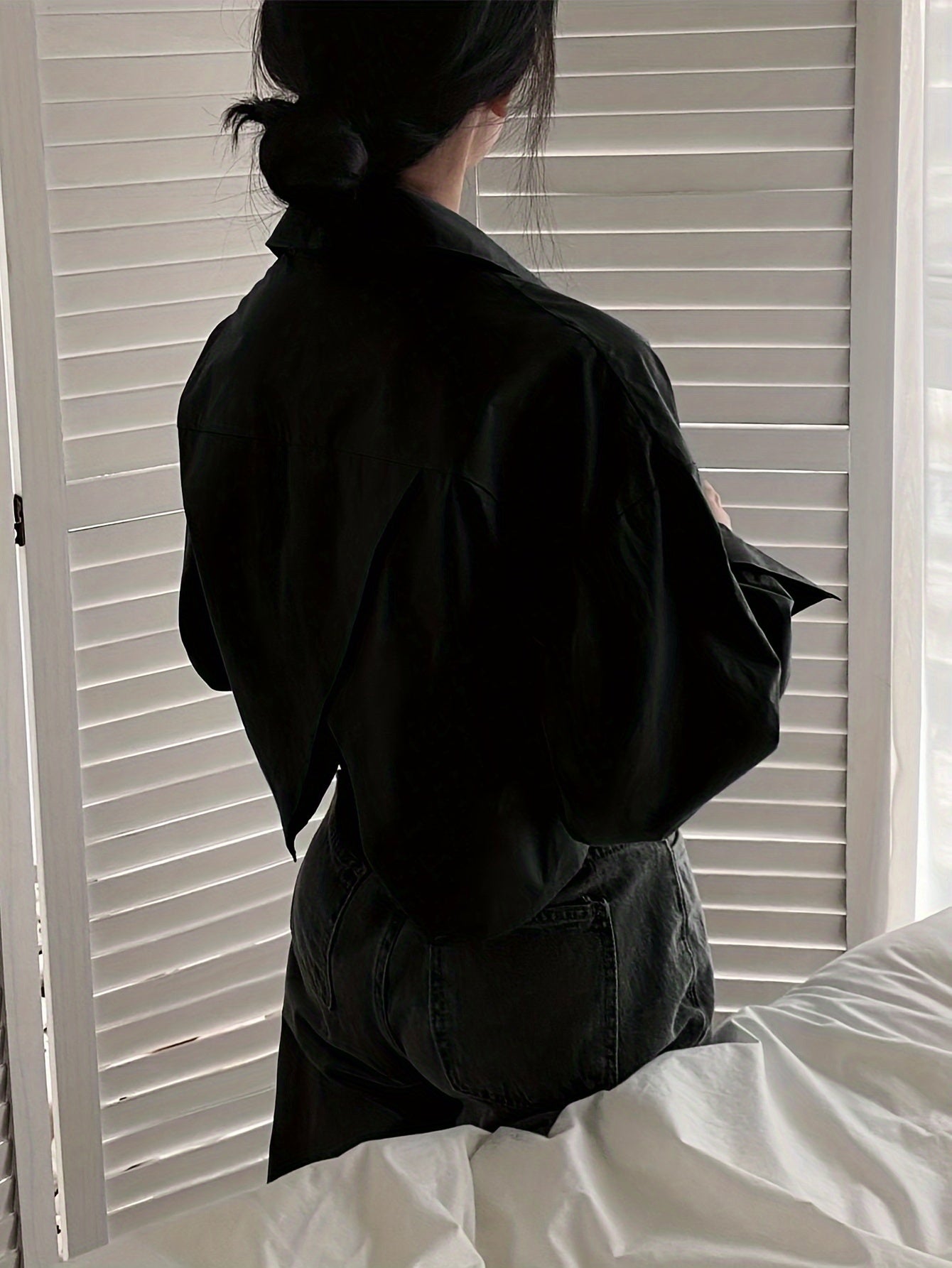 Solid Single Button Lapel Shirt, Casual Long Sleeve Shirt For Spring & Fall, Women's Clothing