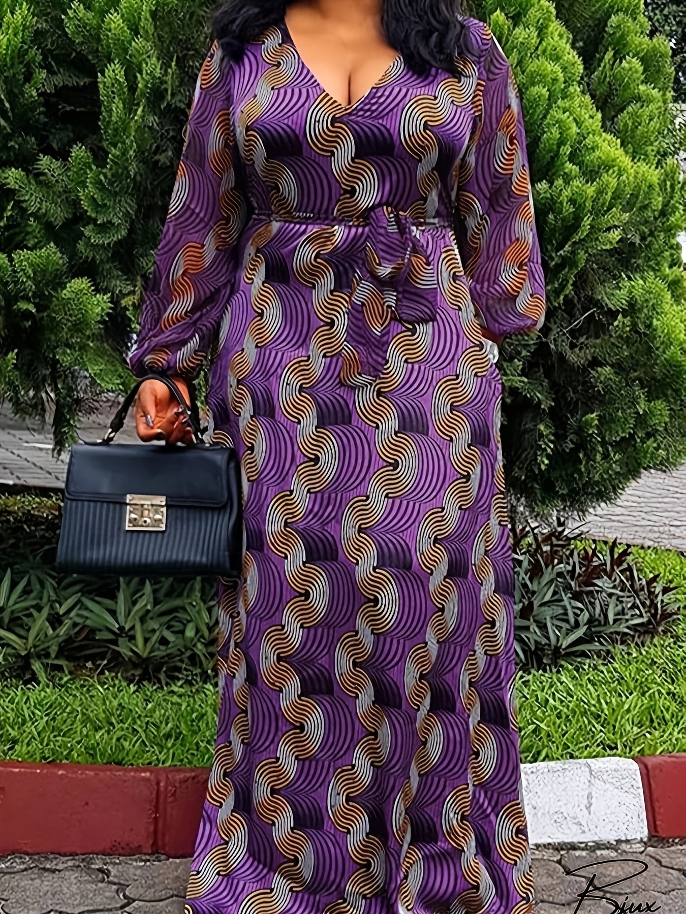 Plus Size Sexy Dress, Women's Plus Allover Geometric Print Lantern Sleeve V Neck Maxi Dress With Belt