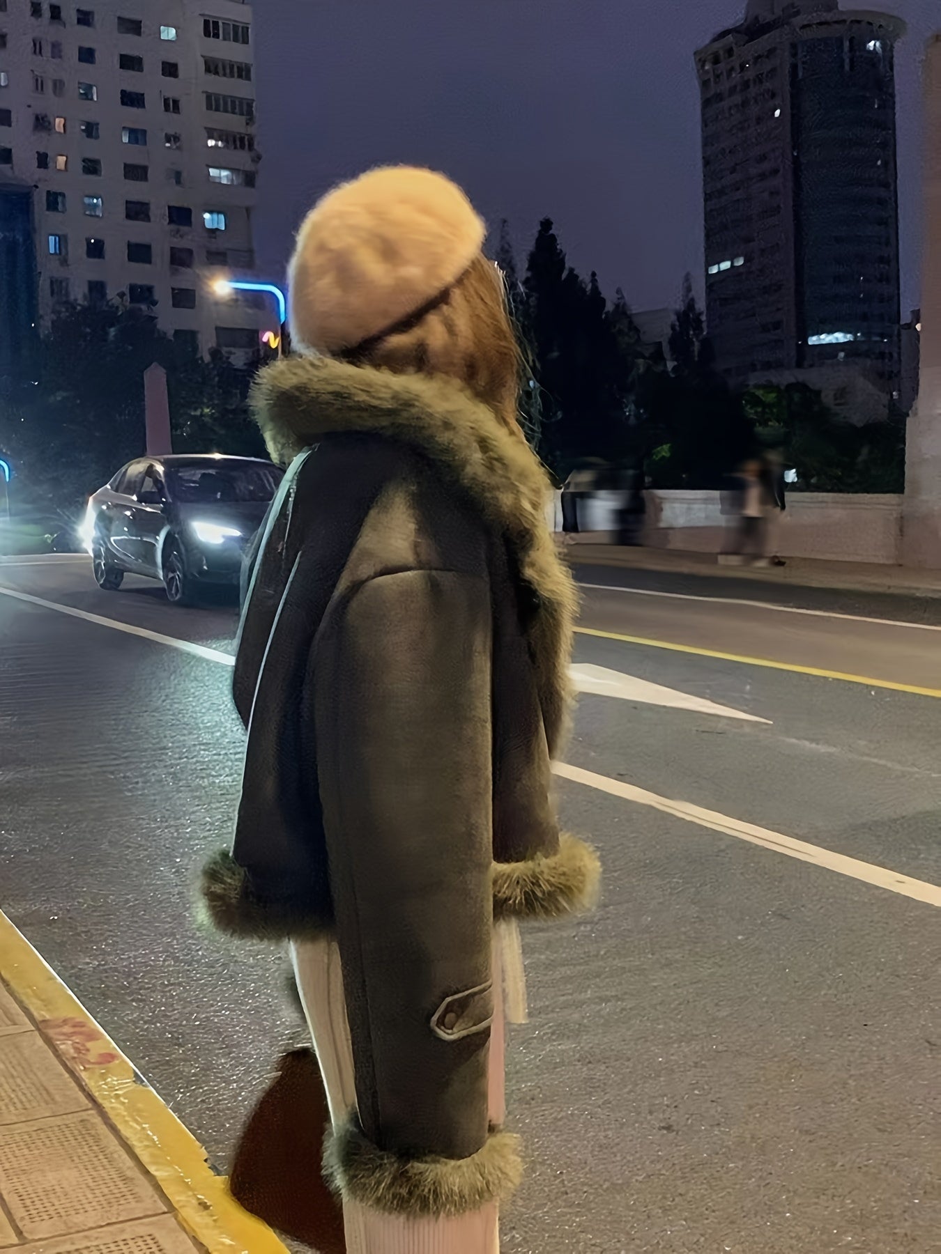 vlovelaw Faux Fur Trim Zip Up Jacket, Elegant Long Sleeve Warm Outerwear For Fall & Winter, Women's Clothing