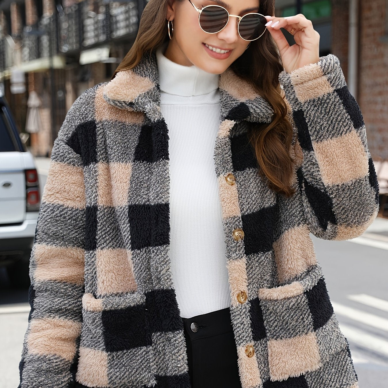 vlovelaw Plaid Print Patched Pockets Teddy Coat, Versatile Long Sleeve Single Breasted Winter Outwear, Women's Clothing