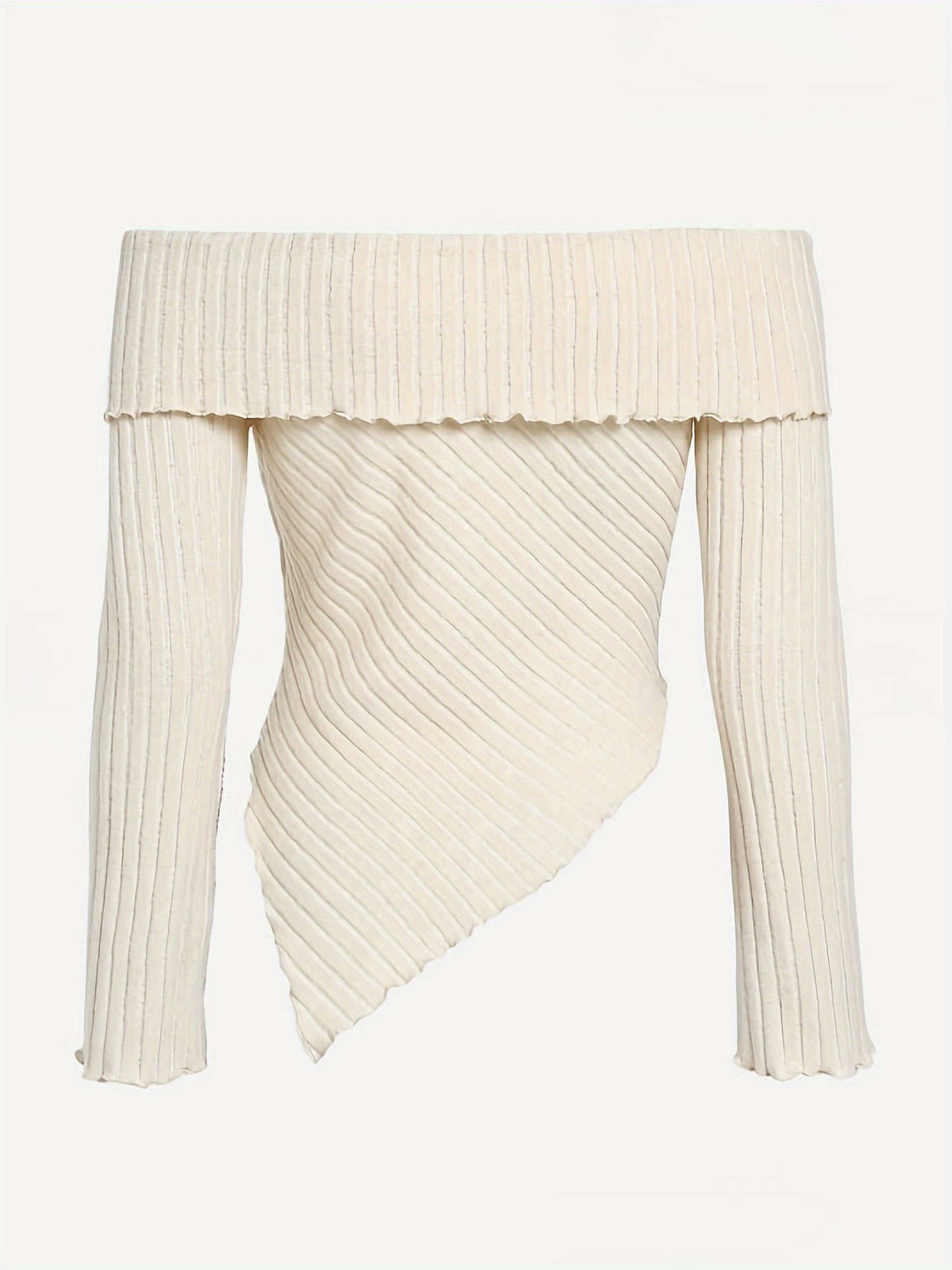 vlovelaw Ribbed Off Shoulder Asymmetrical Hem T-Shirt, Casual Long Sleeve Top For Spring & Fall, Women's Clothing