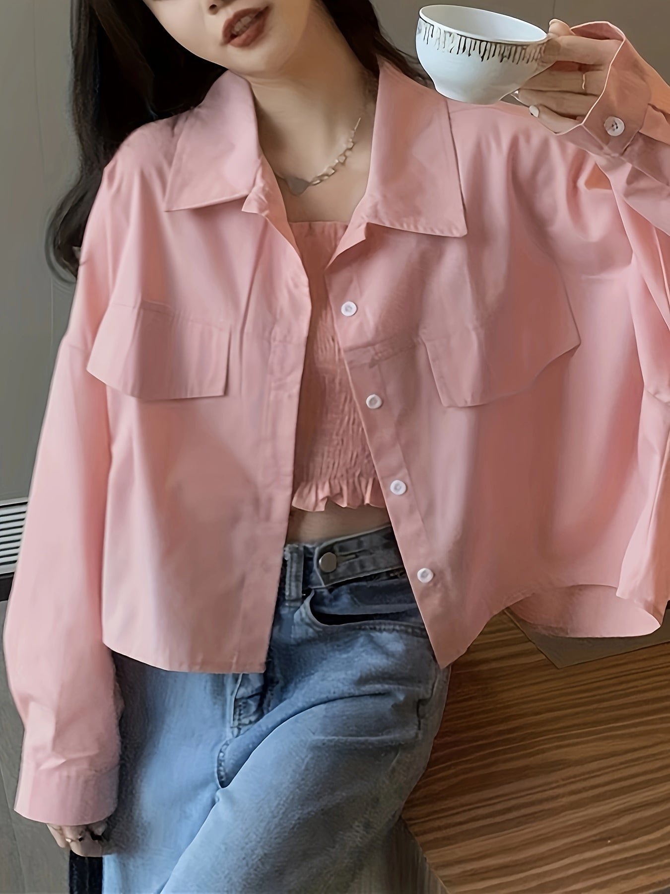 Solid Button Front Shirt, Casual Long Sleeve Lapel Shirt, Women's Clothing
