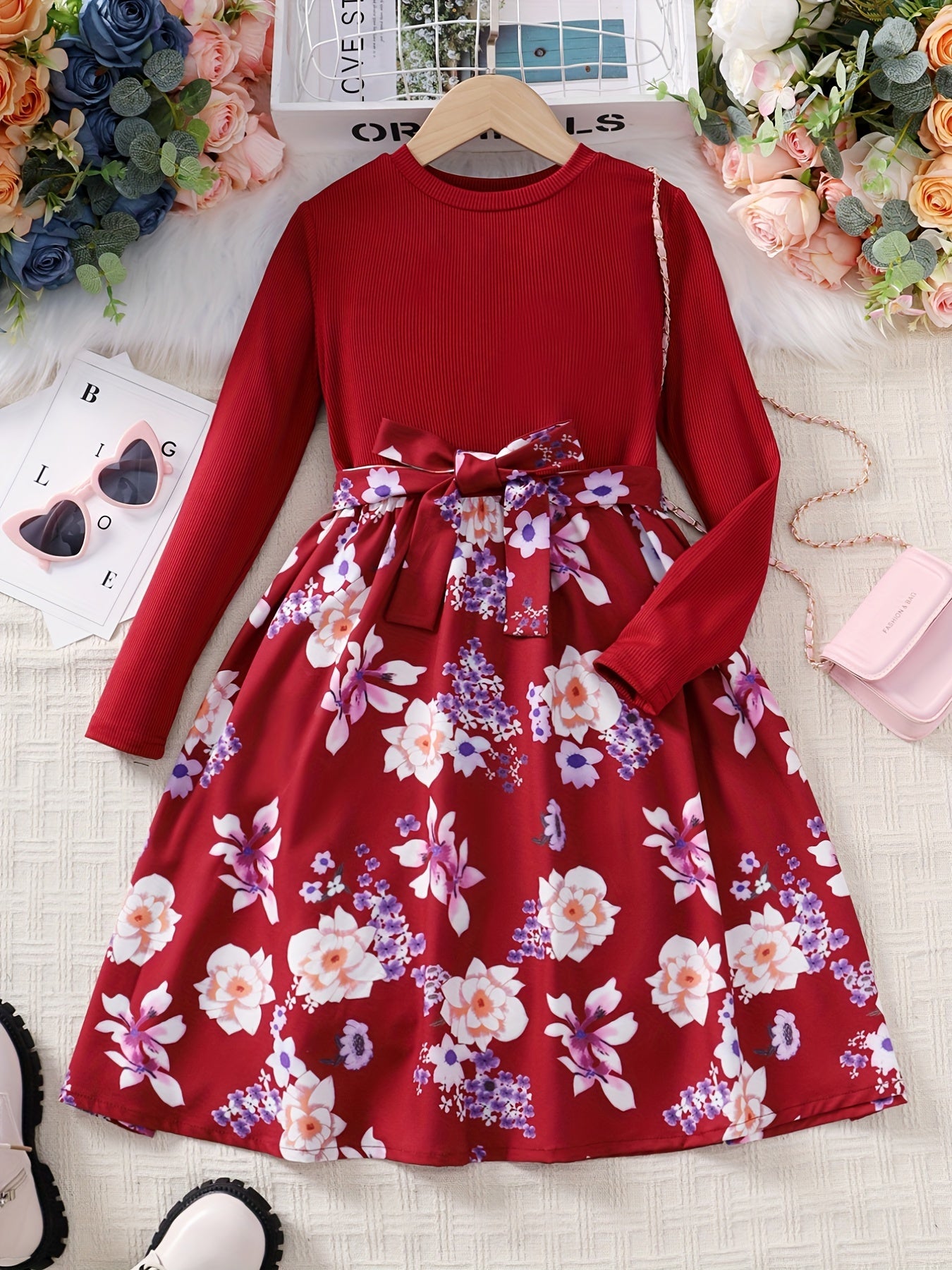 vlovelaw Girls Long Sleeves Round Neck Flowers Splicing Belted Dress For Party Kids Spring Clothes