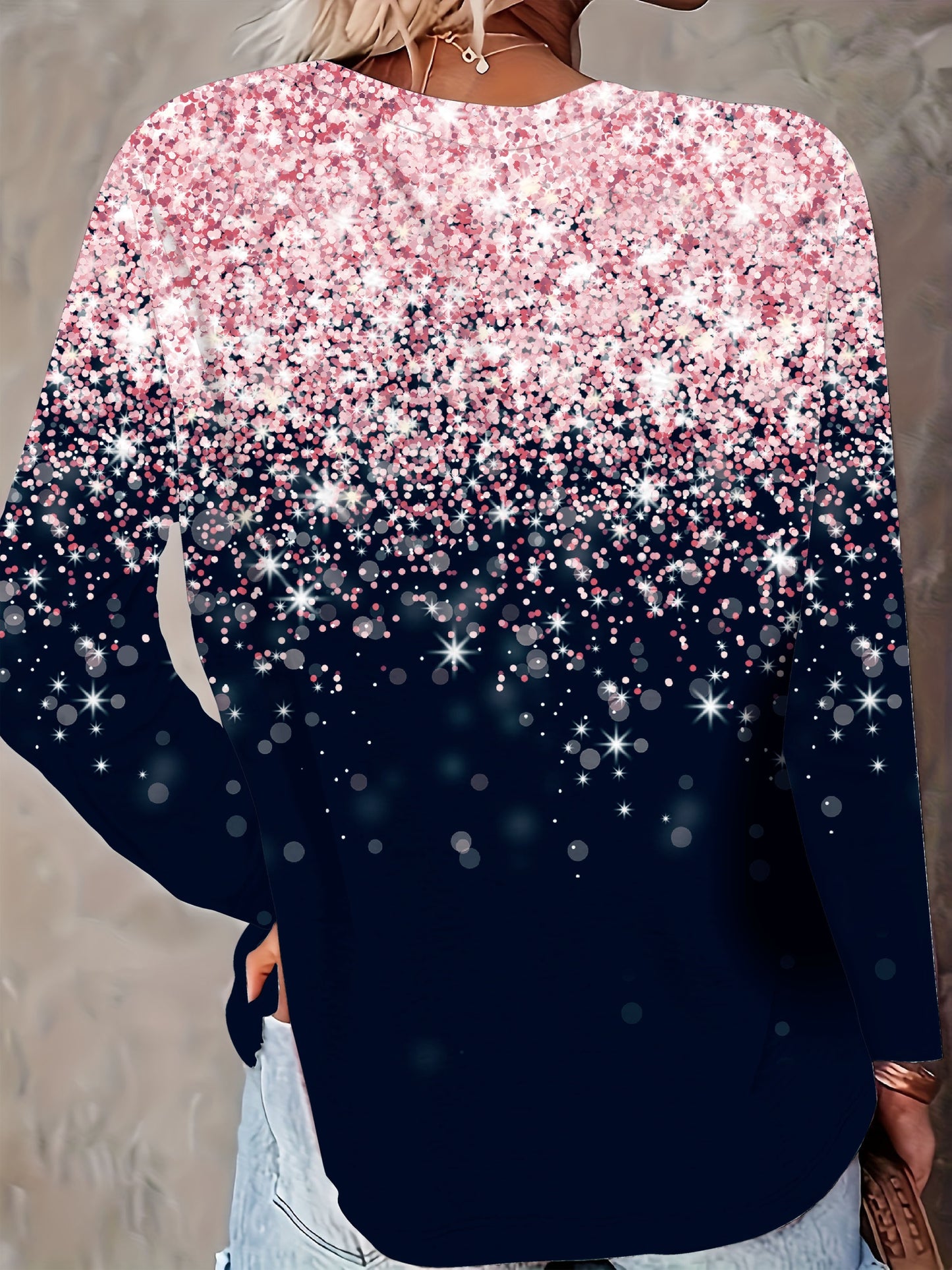 Sequin Print Gradient Crew Neck T-Shirt, Casual Long Sleeve Top For Spring & Fall, Women's Clothing