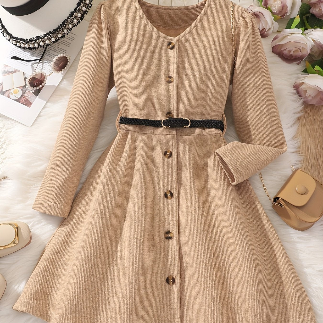 Girl's Elegant Textured Button Up Maxi Dress For Spring/autumn, Kids Clothing