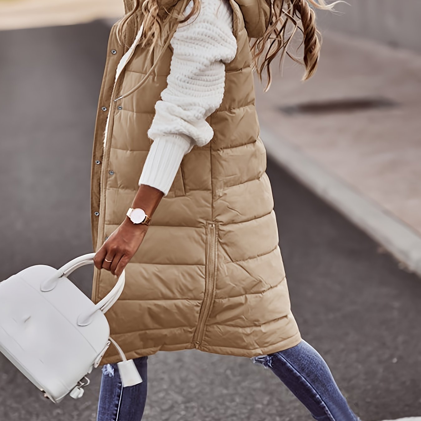 vlovelaw Hooded Sleeveless Coat, Casual Long Length Versatile Winter Warm Outerwear, Women's Clothing