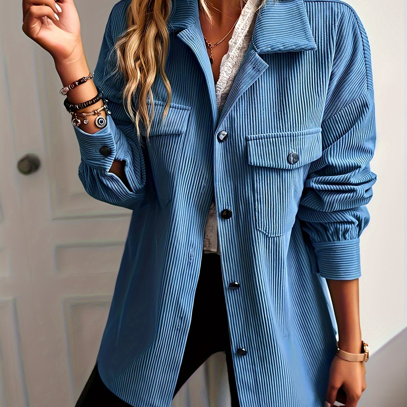 vlovelaw Solid Shacket Jacket, Casual Button Front Long Sleeve Outerwear, Women's Clothing