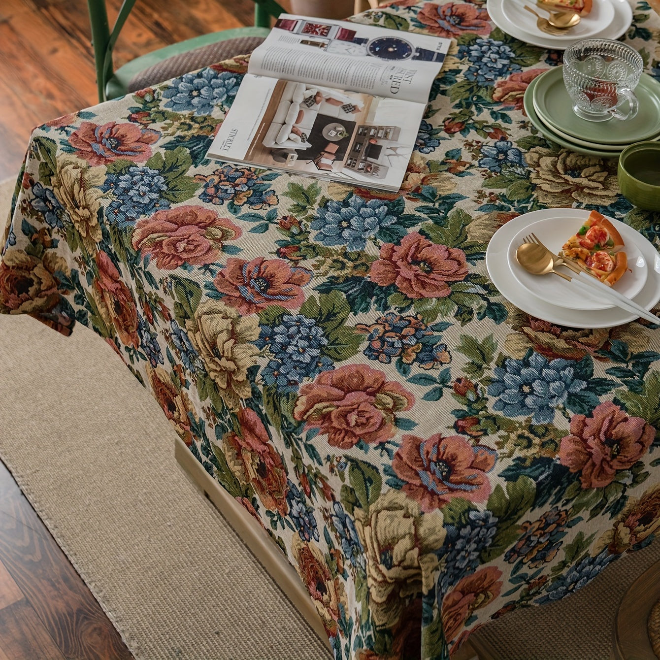 1pc Square Cotton Embroidered Tablecloth - Stylish American Design with Intricate Ball Flower Embroidery - Perfect for Christmas, Adds Elegance to Your Home Decor