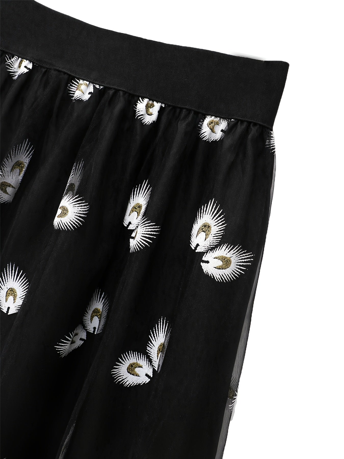 Plus Size Elegant Skirt, Women's Plus Peacock & Feather Print Elastic Waist Pleated Mesh Skirt