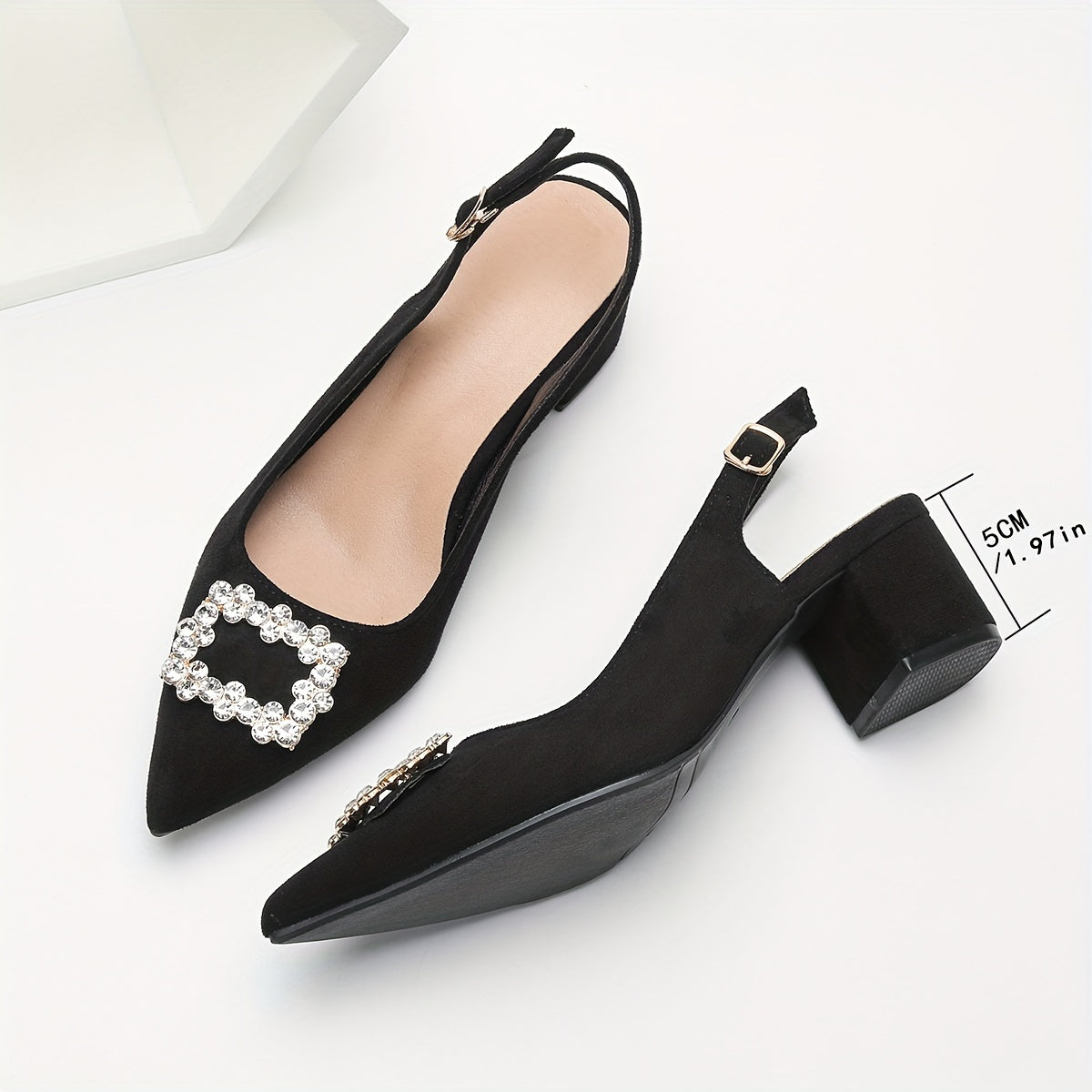 vlovelaw Women's Rhinestone Buckle Decor Chunky Heels, Elegant Point Toe Dress Pumps, Stylish Buckle Strap Heels