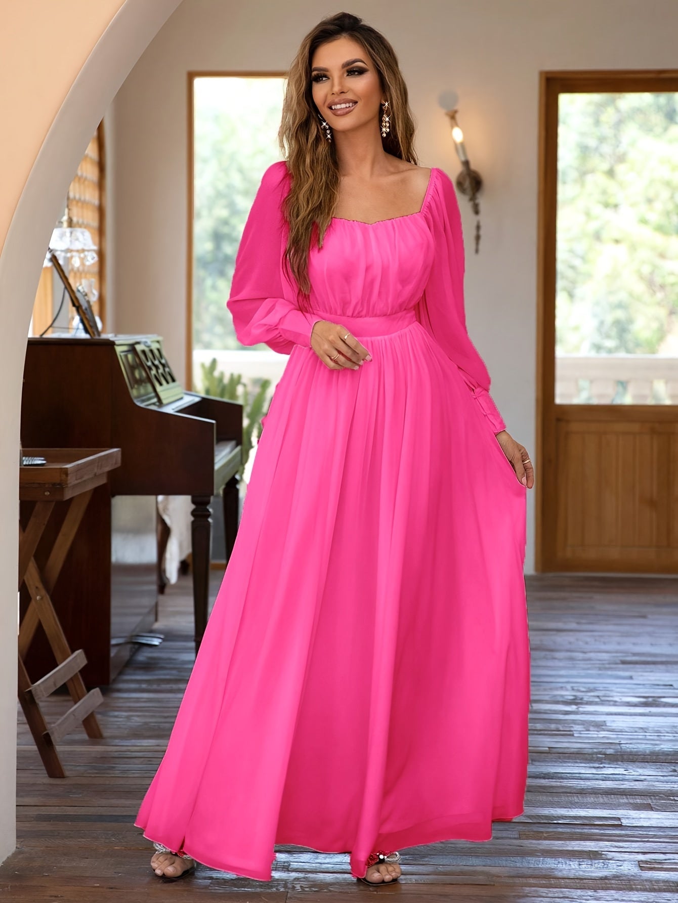 vlovelaw Solid Simple Dress, Elegant Long Sleeve Maxi Dress, Women's Clothing