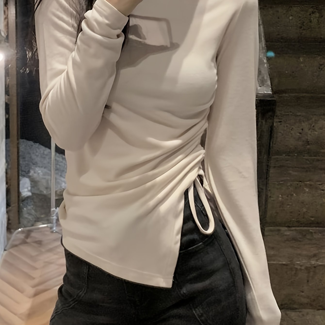 vlovelaw Solid Mock Neck Asymmetrical T-shirt, Casual Drawstring Side Long Sleeve Slim Top, Women's Clothing
