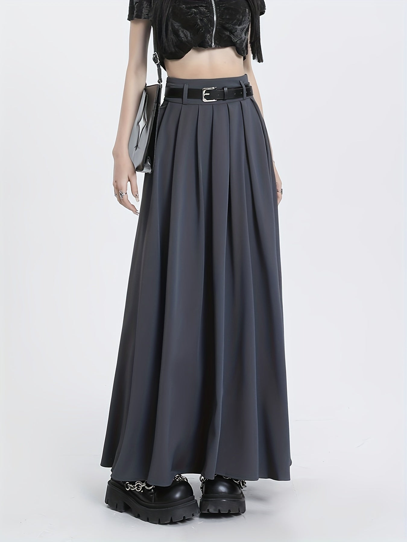 vlovelaw Solid Color High Waist Pleated Skirt, Casual Slim Long Length Skirt For Spring & Summer, Women's Clothing