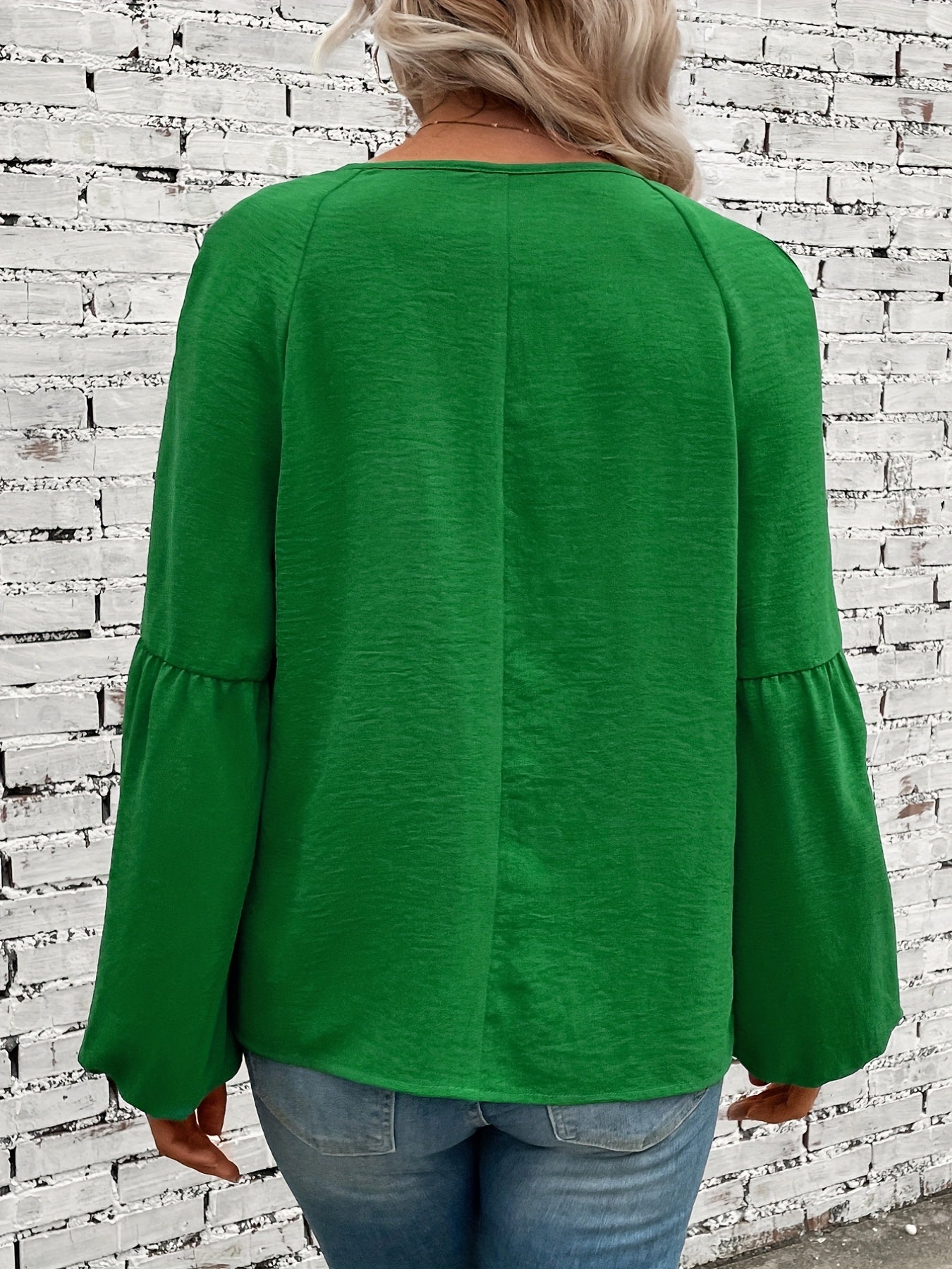 Solid Simple Blouse, Casual V Neck Lantern Long Sleeve Blouse, Women's Clothing
