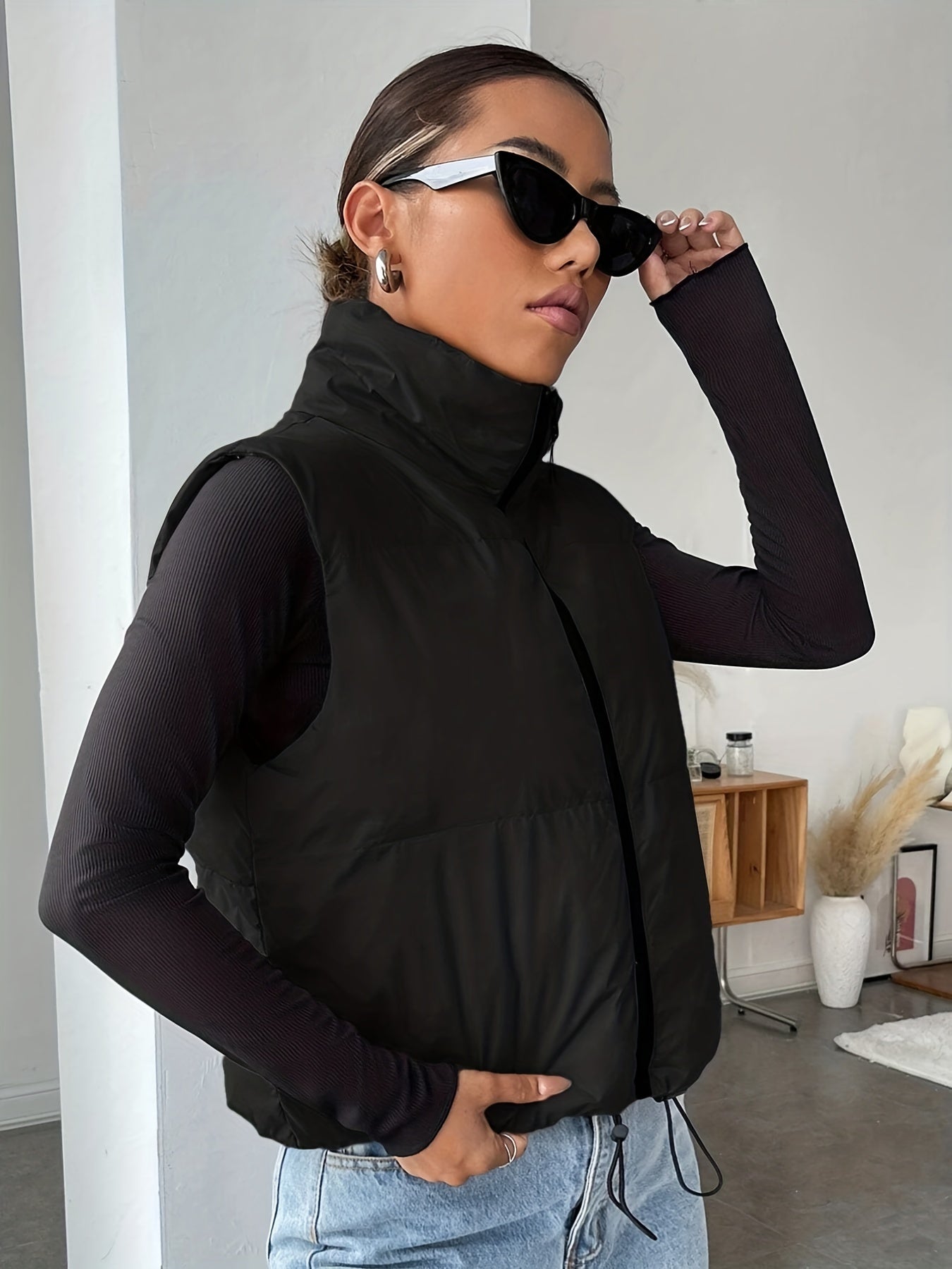 vlovelaw Solid Zip Up Cotton-padded Coat, Casual Sleeveless Outwear, Women's Clothing
