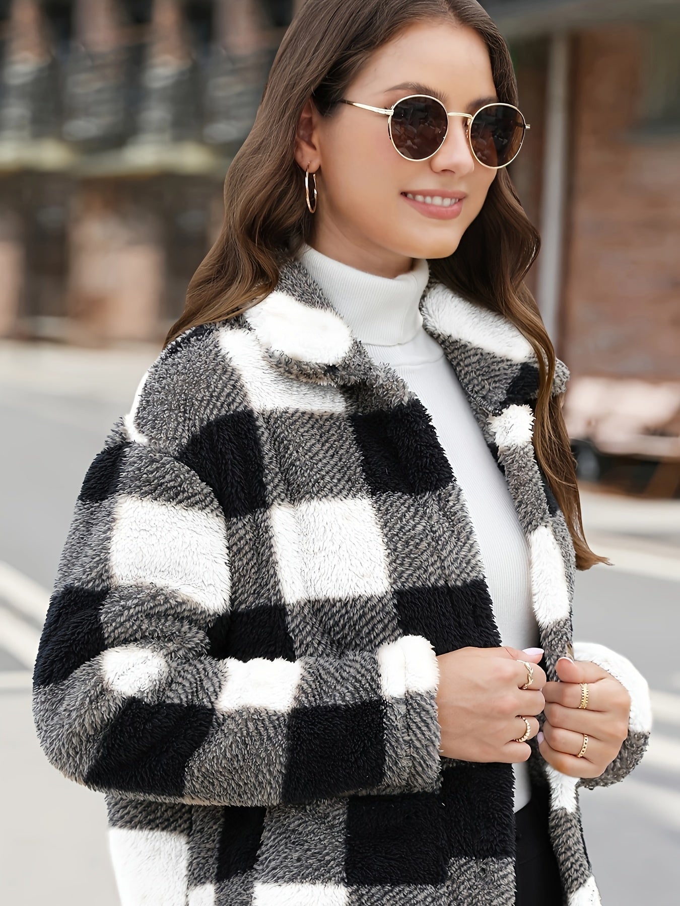 vlovelaw Plaid Print Patched Pockets Teddy Coat, Versatile Long Sleeve Single Breasted Winter Outwear, Women's Clothing