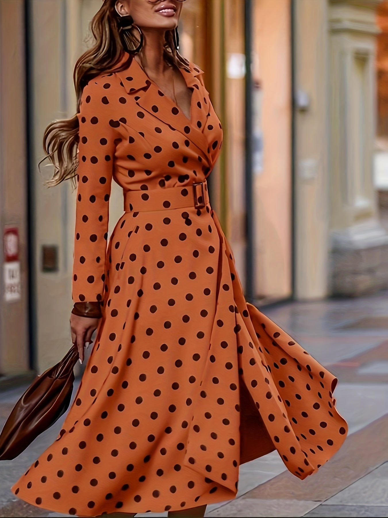 vlovelaw Plus Size Elegant Dress, Women's Plus Polka Dot Print Long Sleeve Lapel Collar Nipped Waist Dress