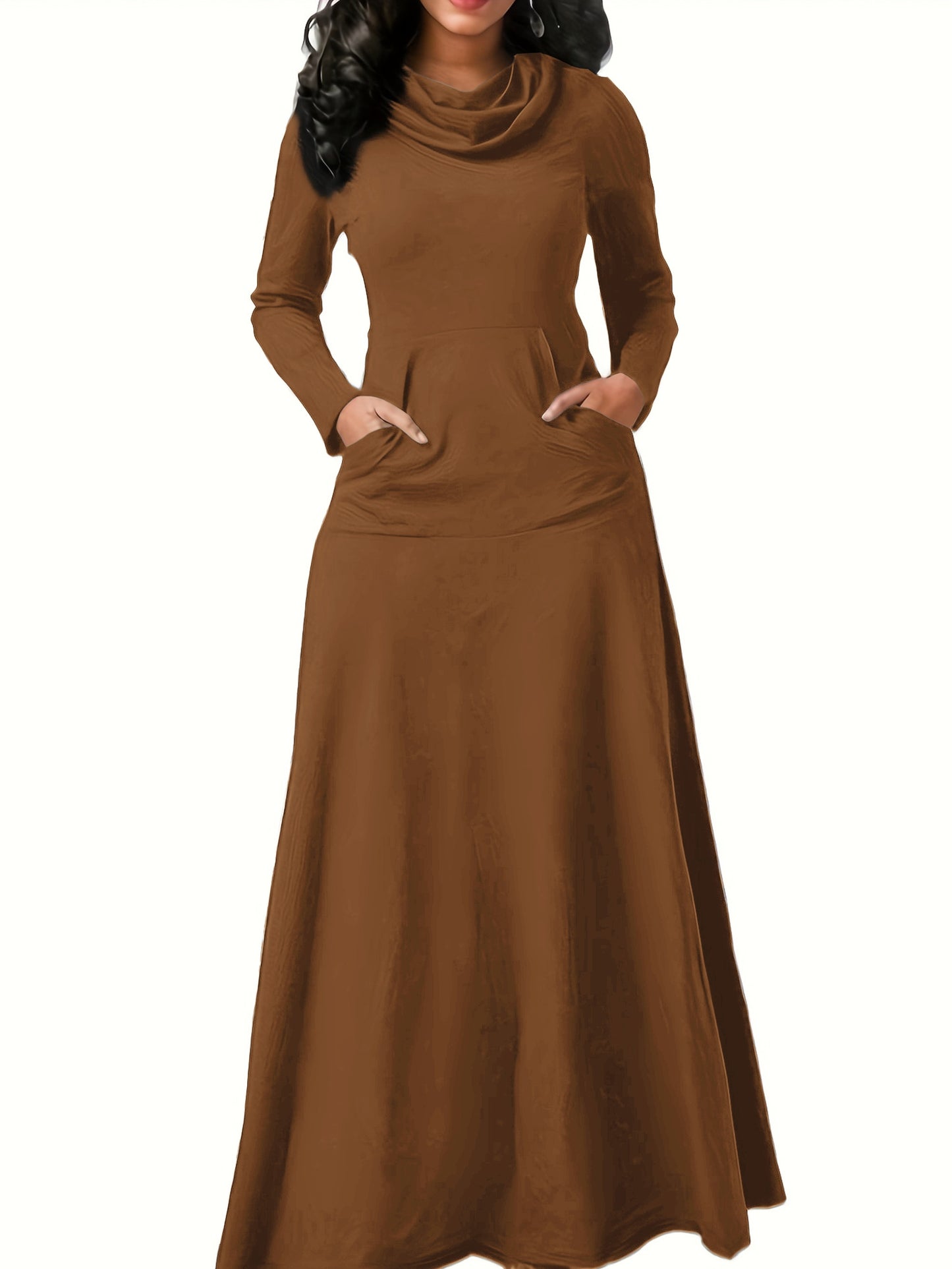 Pile Collar Pocket Front Dress, Elegant Long Sleeve Maxi Dress, Women's Clothing
