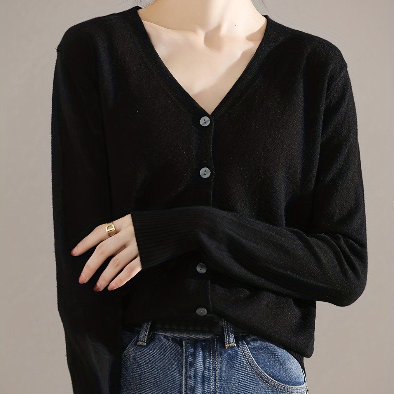 Elegant V-neck Solid Cardigan, Long Sleeve Cardigan For Spring & Fall, Women's Clothing
