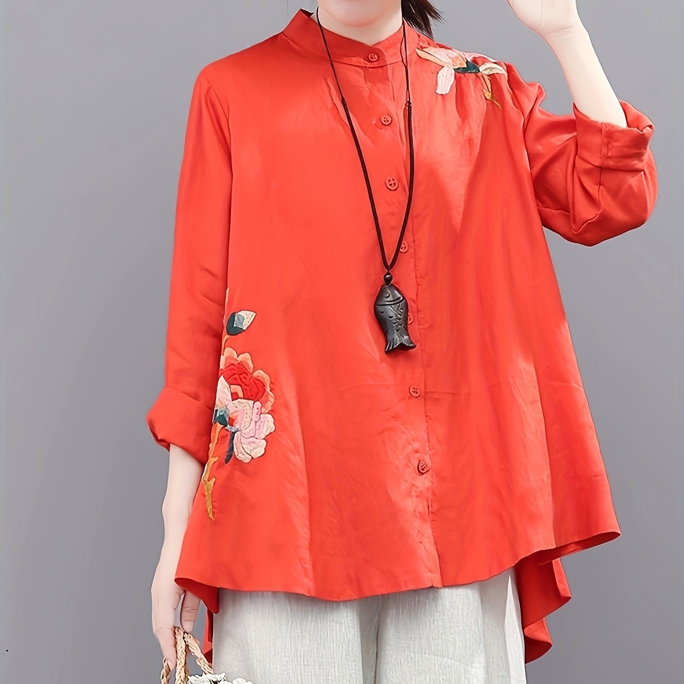 Chinese Retro Embroidered T-Shirt, Long Sleeve Button Up High Neck Casual Top For Spring & Summer, Women's Clothing