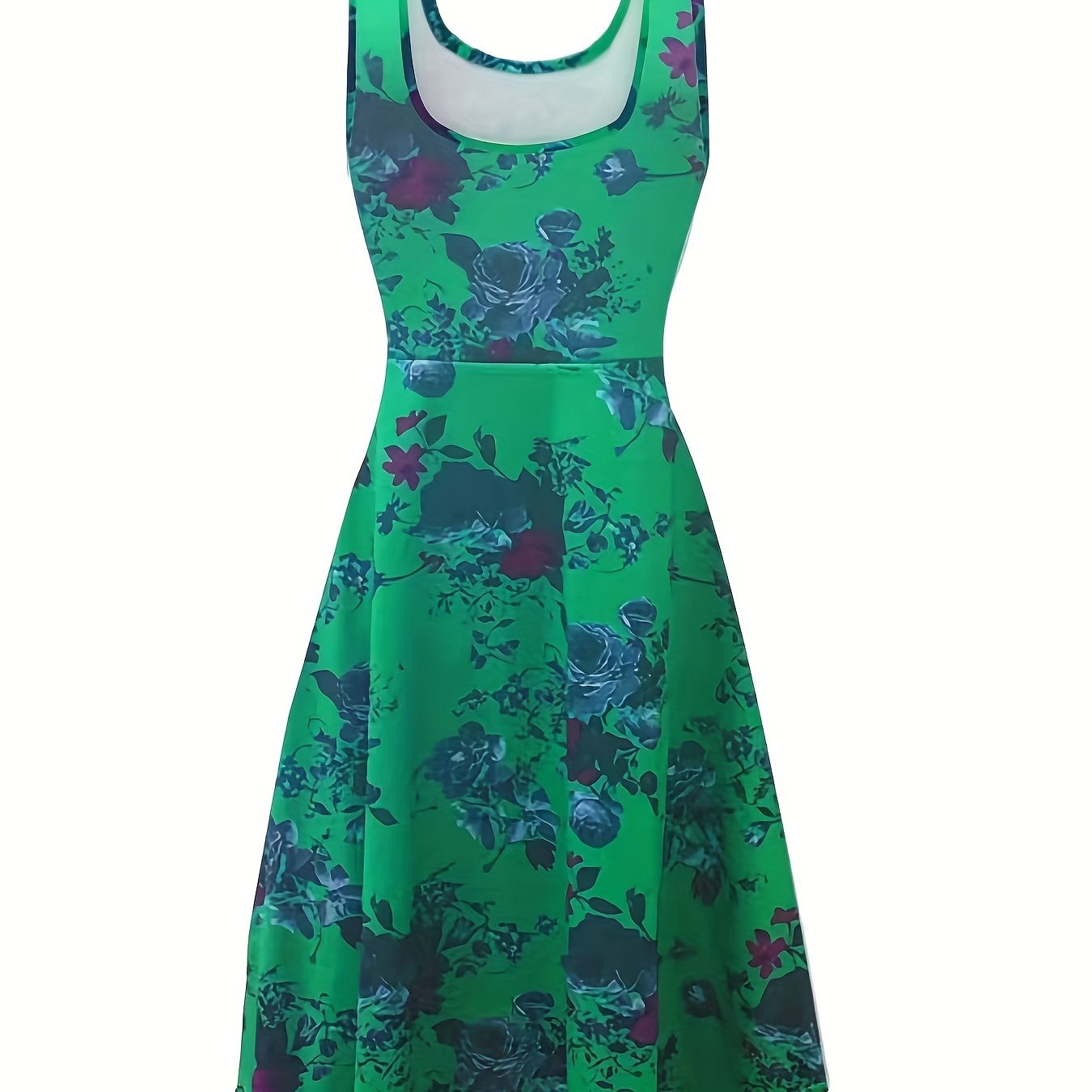 vlovelaw Plus Size Elegant Dress, Women's Plus Floral Print Round Neck Medium Stretch Tank Dress