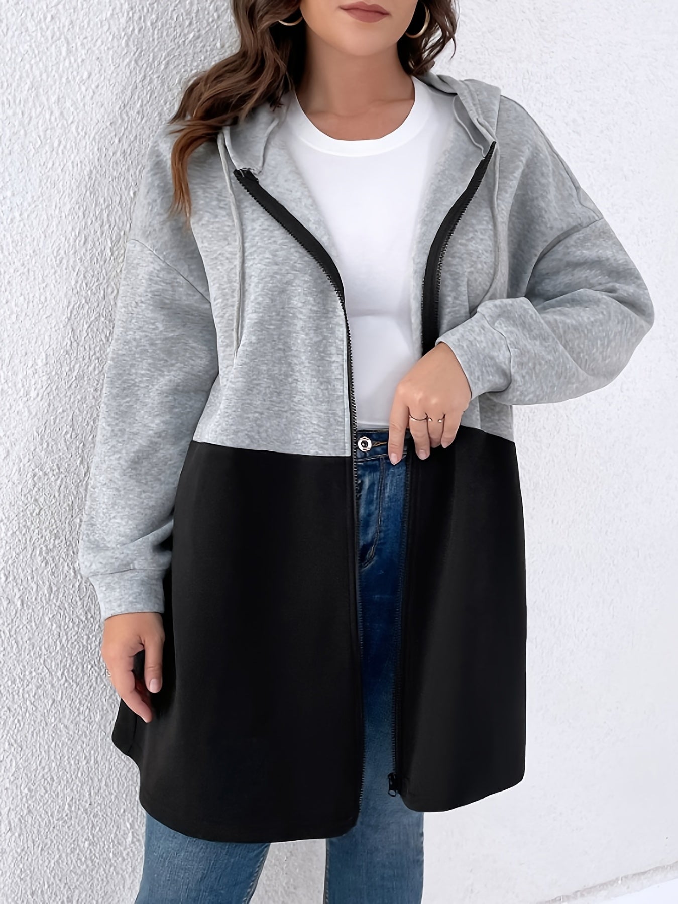 vlovelaw Plus Size Casual Coat, Women's Plus Colorblock Geometric Print Long Sleeve Hooded Zipper Coat