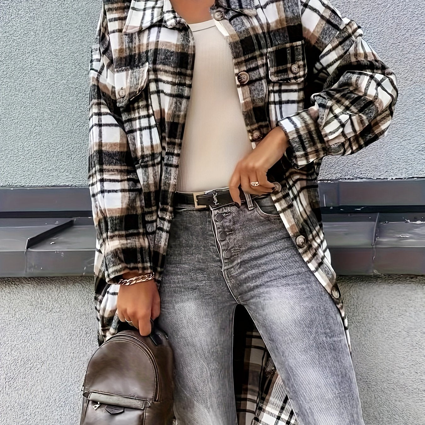 vlovelaw Plaid Print Long Length Jacket, Casual Button Front Flap Pockets Outwear, Women's Clothing