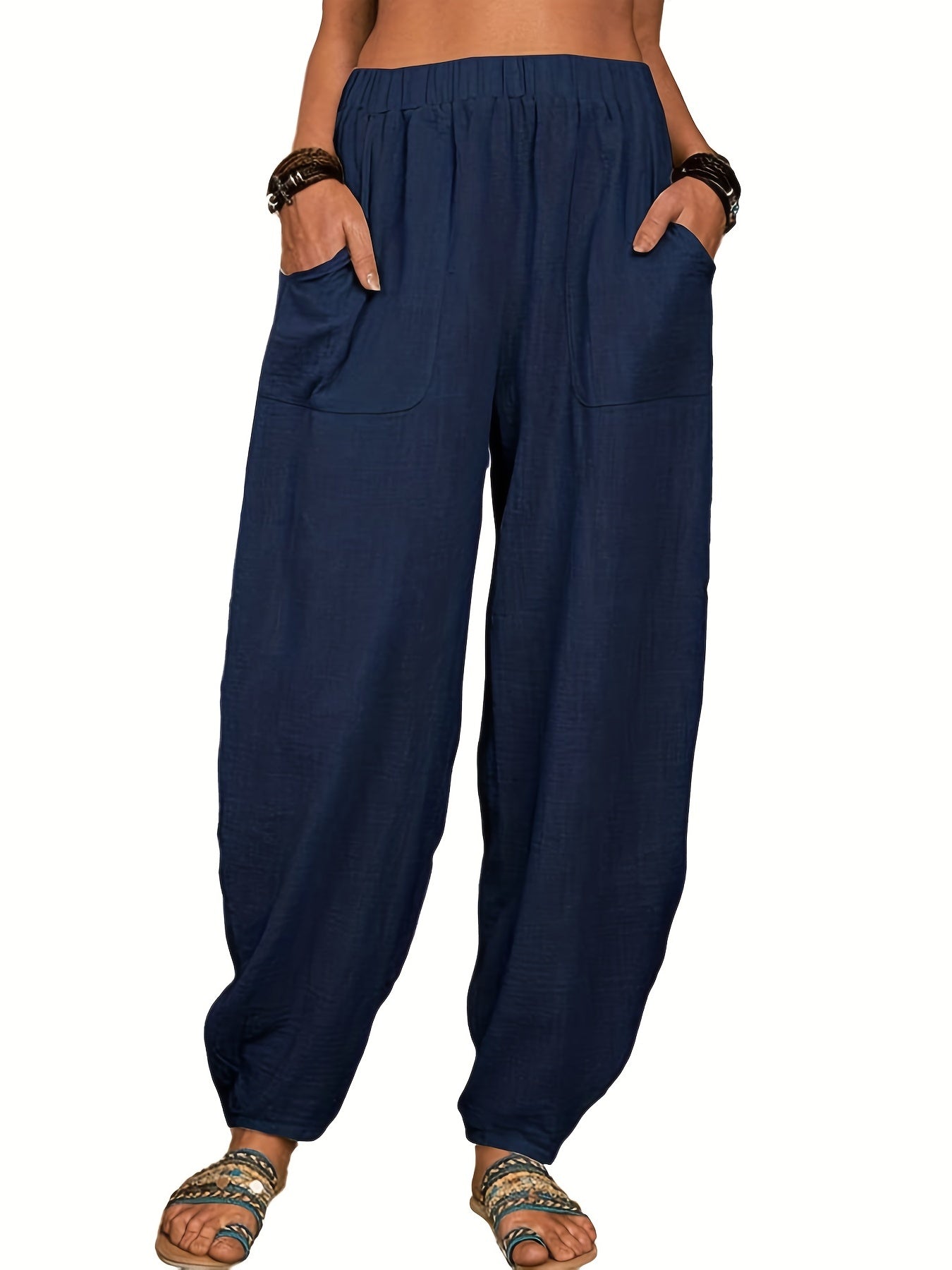 Elastic High Waist Harem Pants, Casual Pocket Pants For Spring & Summer, Women's Clothing
