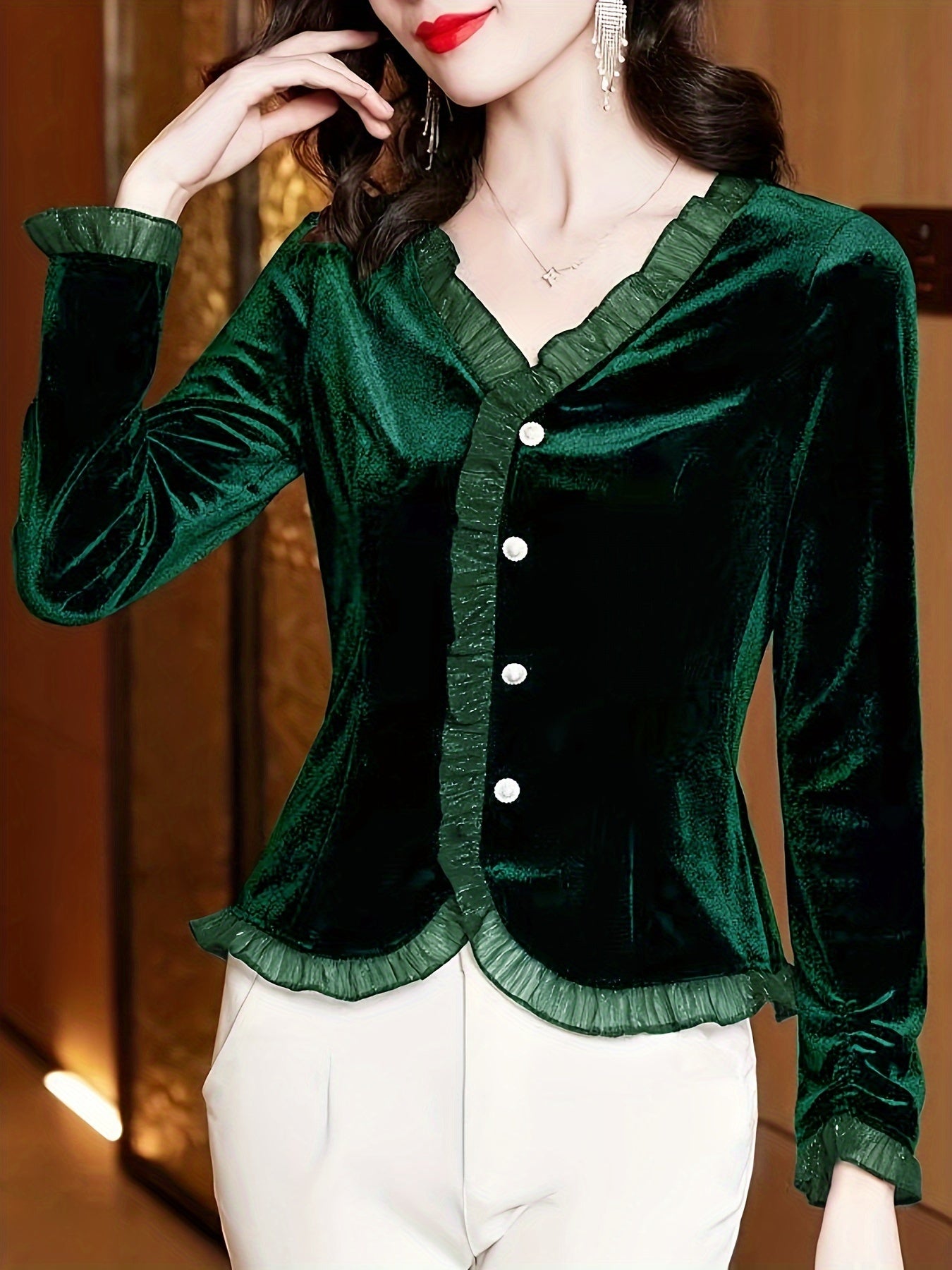 Velvet Lace Contrast Trim Top, Button Front V Neck Long Sleeve T-shirt, Women's Clothing