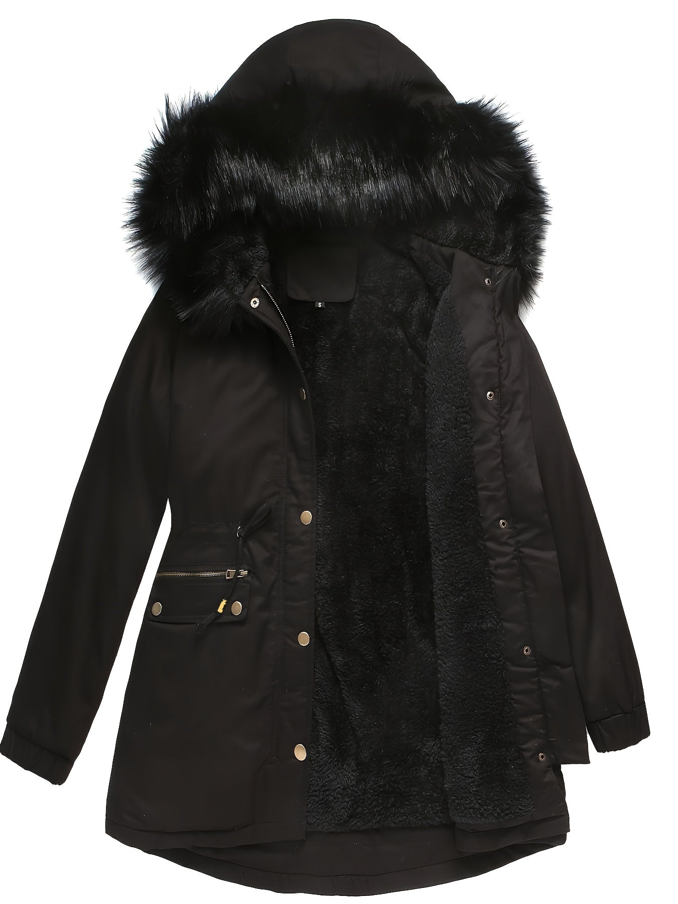 100% Solid Color Women's Mid-Length Thickened Fleece-Lined Warm Cotton Parka Coat with Faux Fur Hood - Casual Polyester Winter Fashion Jacket