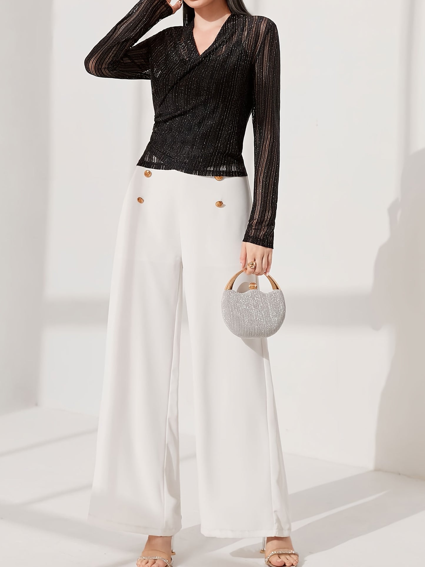 Semi-sheer Surplice Neck Top, Casual Long Sleeve Top For Spring & Fall, Women's Clothing