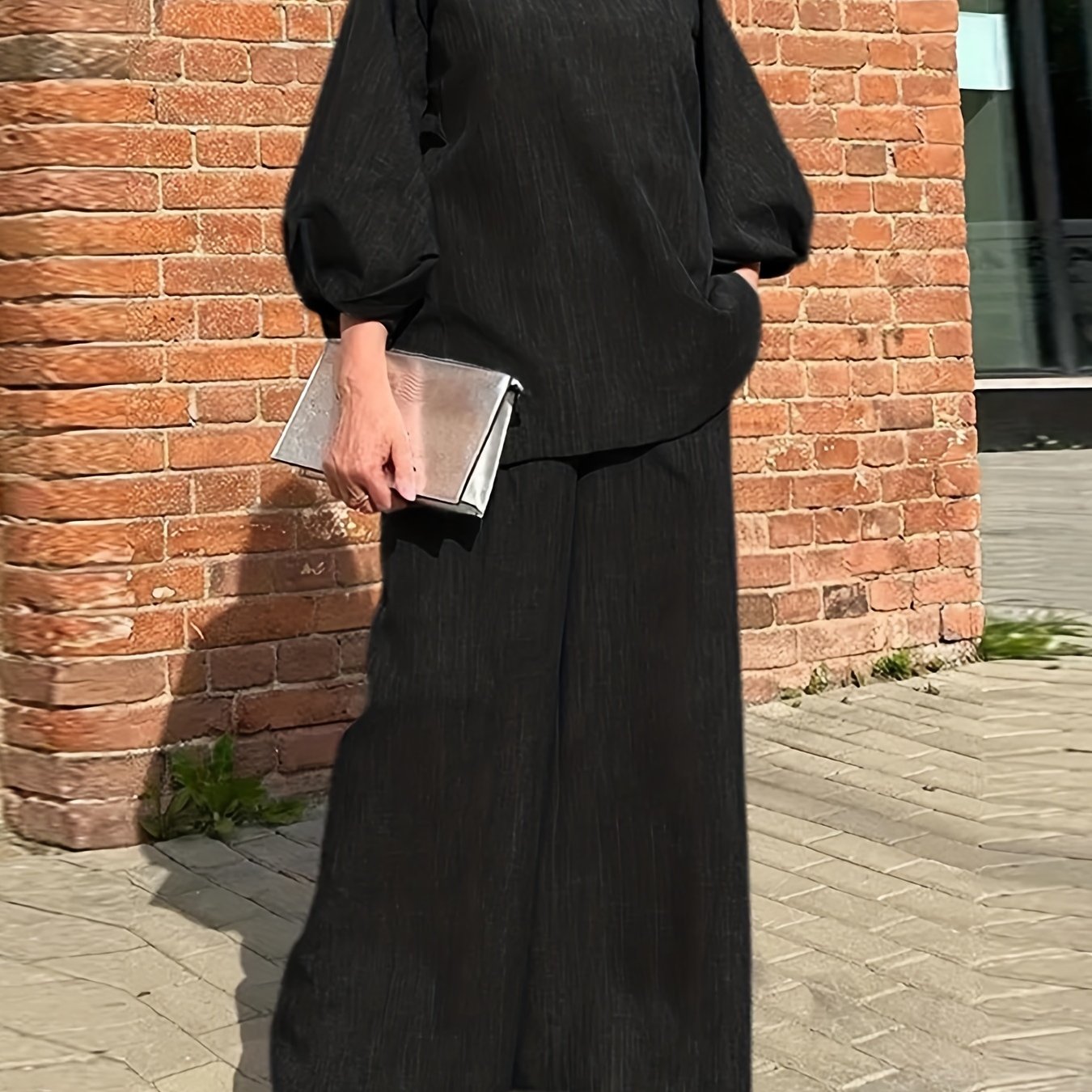 vlovelaw Solid Casual Two-piece Set, V Neck Lantern Sleeve Tops & Wide Leg Pants Outfits, Women's Clothing