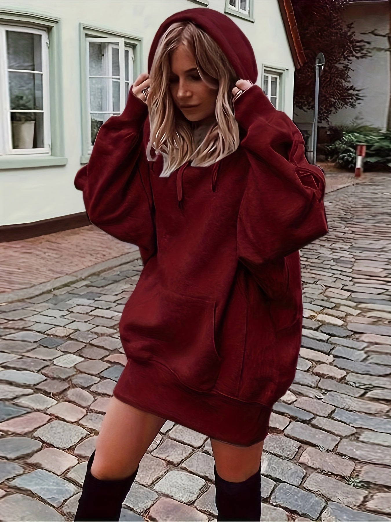vlovelaw Solid Color Kangaroo Pocket Hoodie, Casual Long Sleeve Thigh Length Drawstring Hoodie Sweatshirt, Women's Clothing