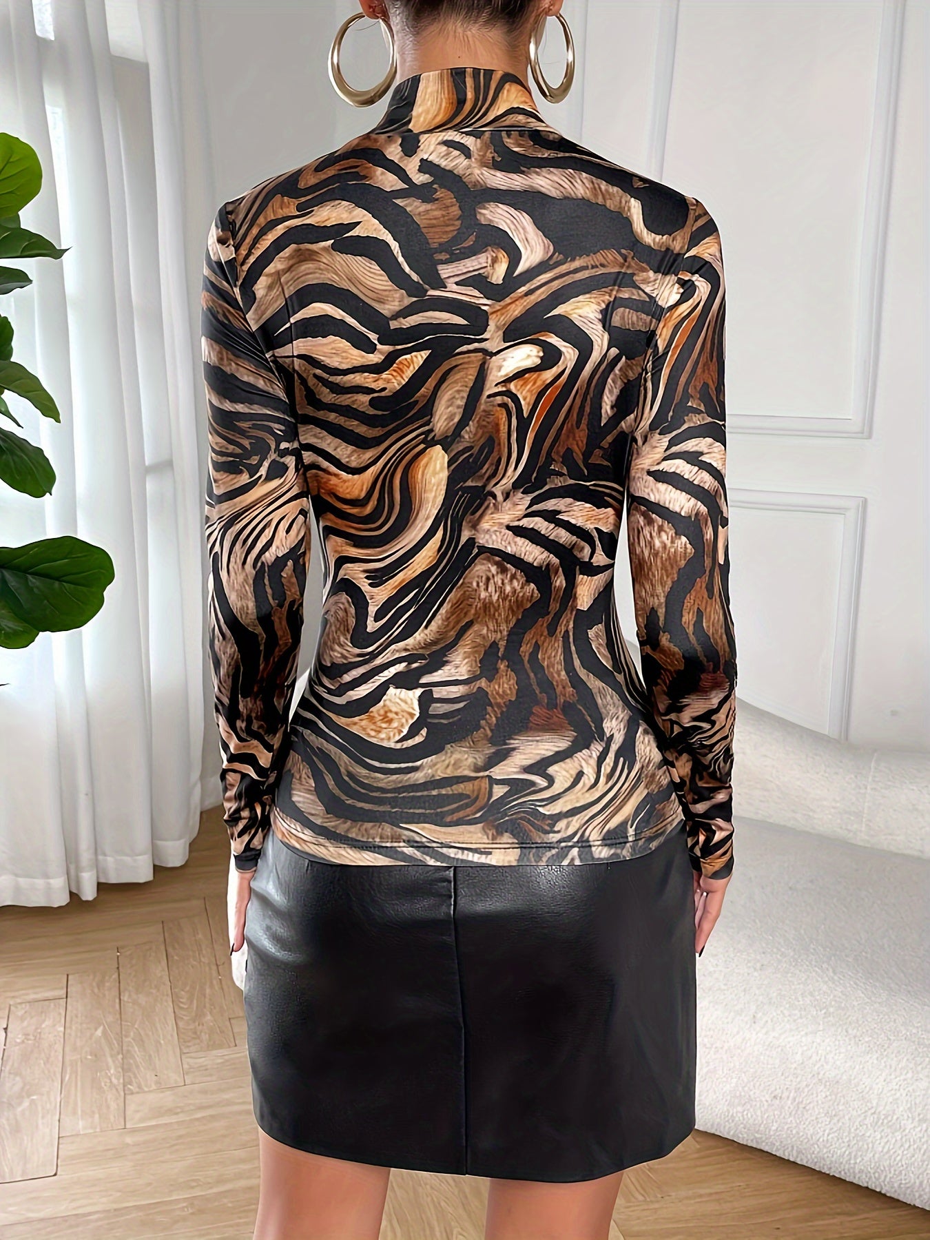 vlovelaw Tiger Striped Print Mock Neck T-Shirt, Versatile Long Sleeve T-Shirt For Spring & Fall, Women's Clothing