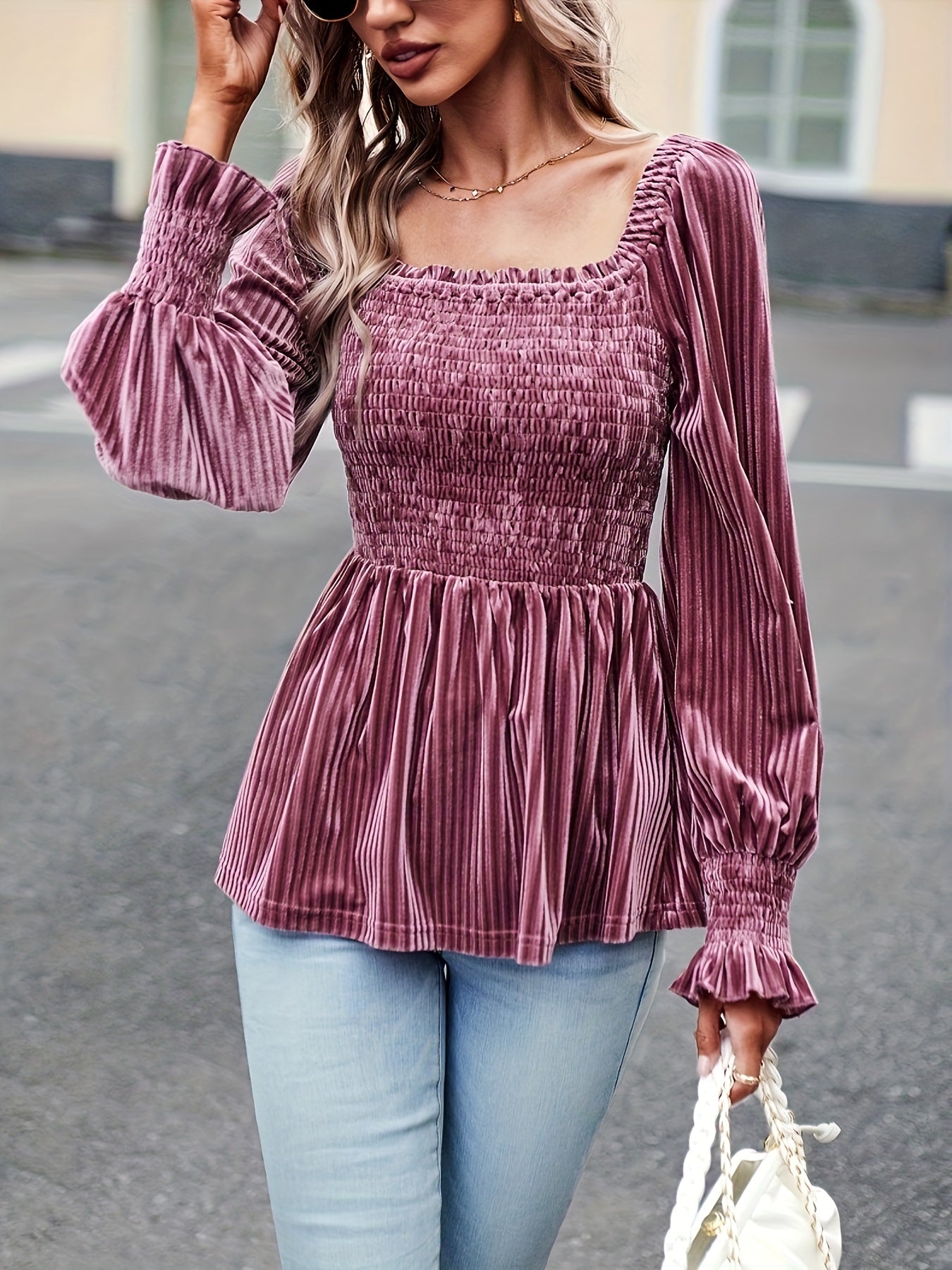 vlovelaw Shirred Velvet Square Neck T-Shirt, Elegant Long Sleeve Top For Spring & Fall, Women's Clothing