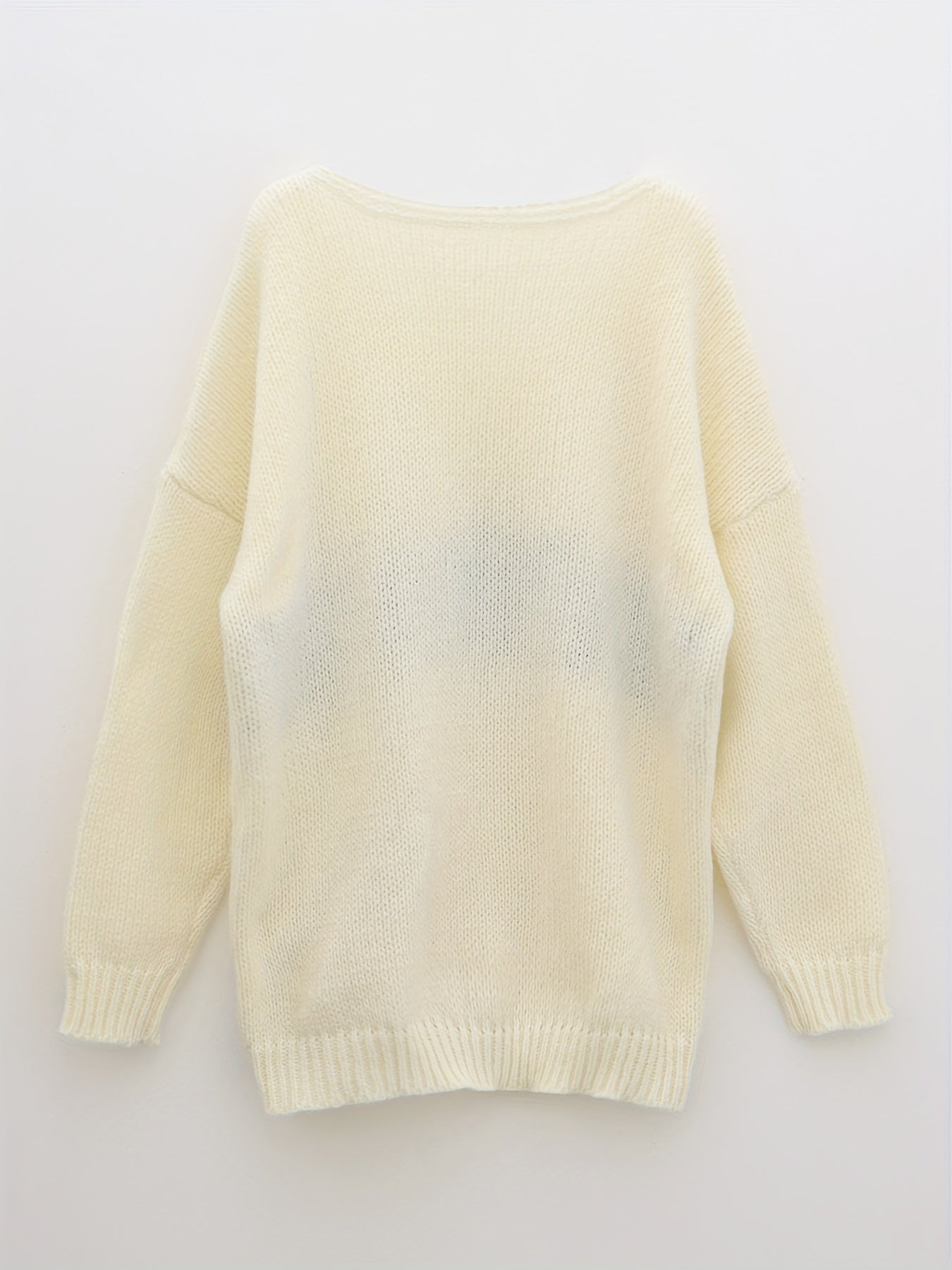 Letter Pattern V Neck Pullover Sweater, Casual Long Sleeve Drop Shoulder Sweater, Women's Clothing