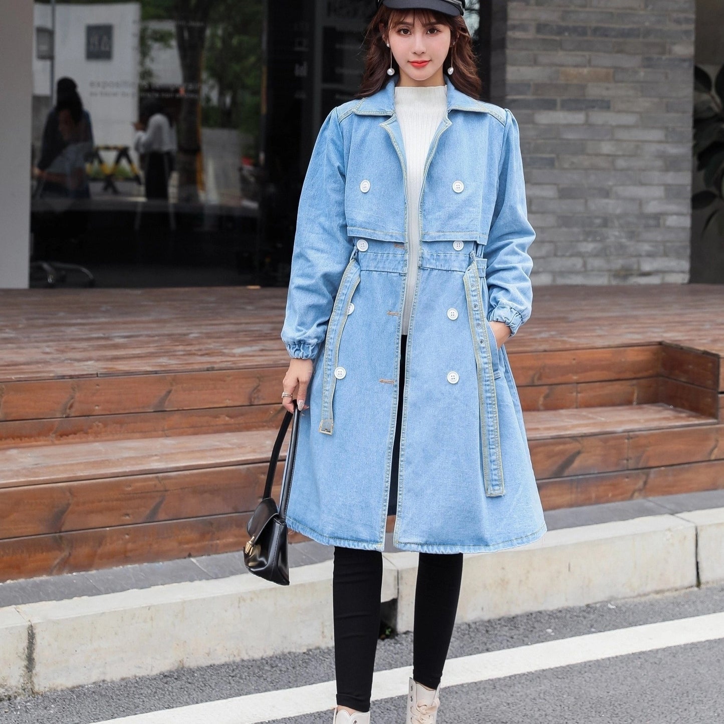Blue Loose Fit Long Denim Jackets, Long Sleeves Non-Stretch With Waistband Lapel Denim Coats, Women's Denim Clothing