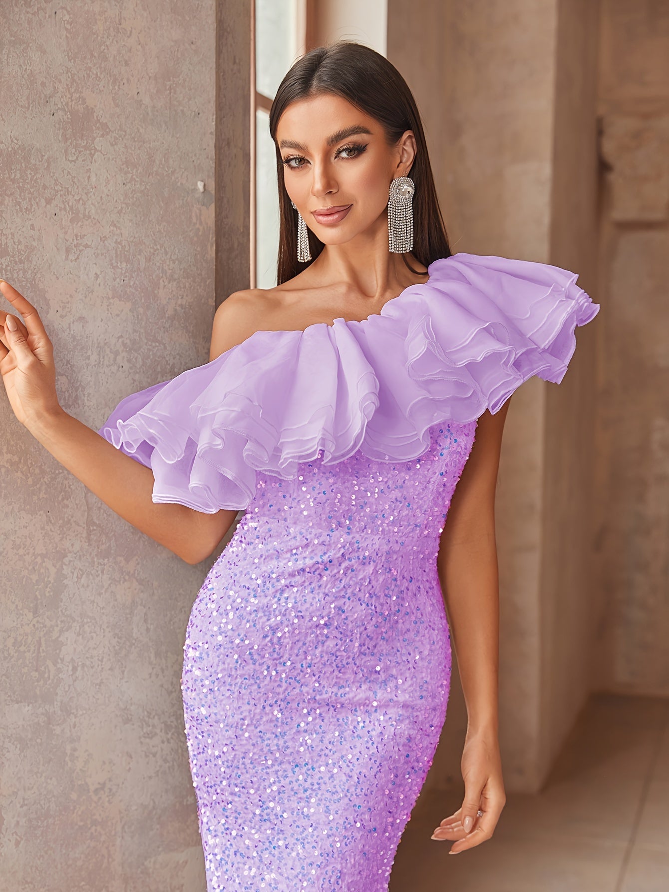 vlovelaw Sequined Layered Ruffle Trim Dress, Elegant Mesh Slant Shoulder Split Floor Length Dress For Party & Banquet, Women's Clothing