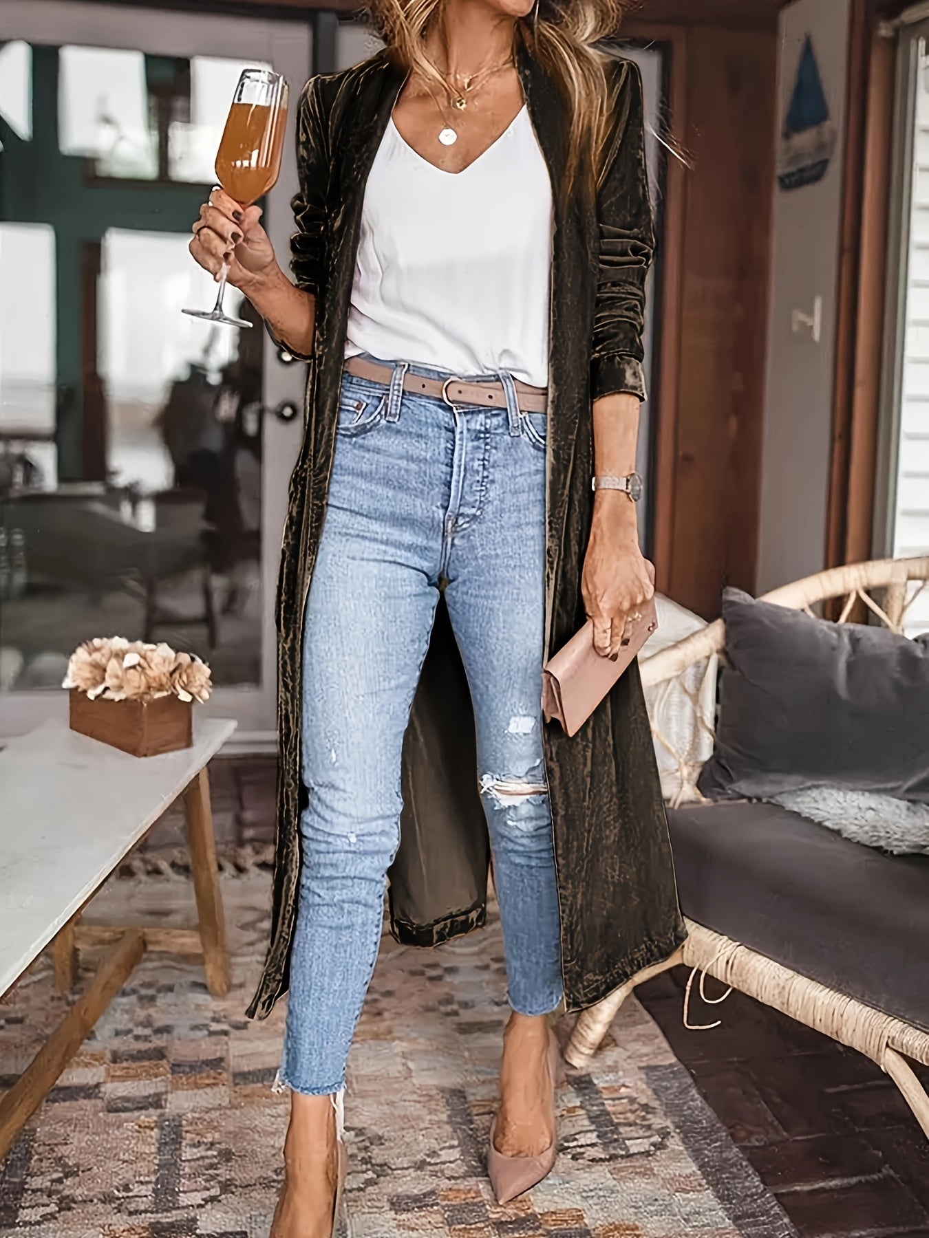 Velvet V-neck Loose Mid Length Cardigans, Casual Pocket Solid Color Long Sleeve Spring Fall Cardigan, Women's Clothing
