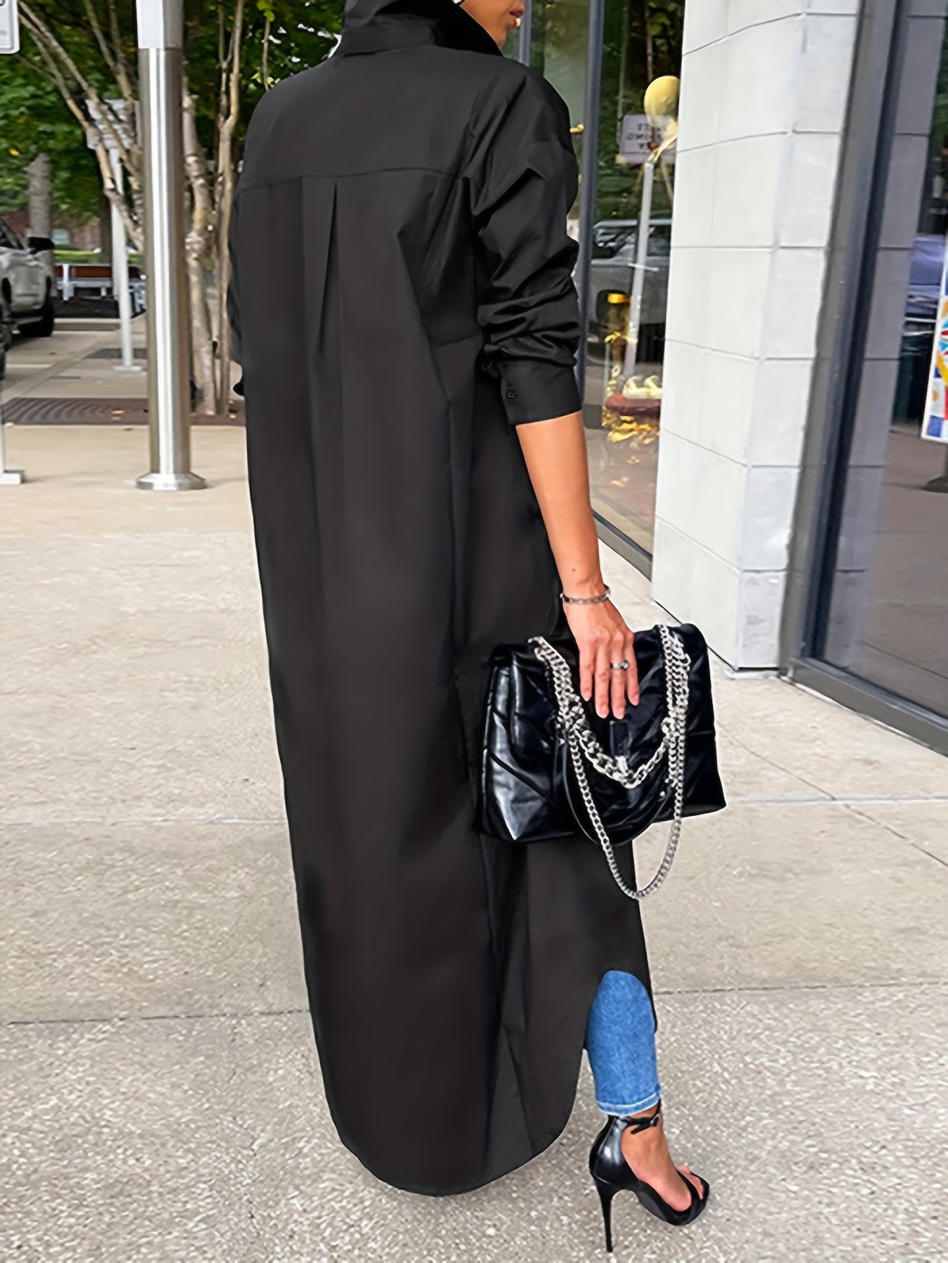 Button Front Long Length Shirt, Casual Solid Long Sleeve Shirt, Women's Clothing