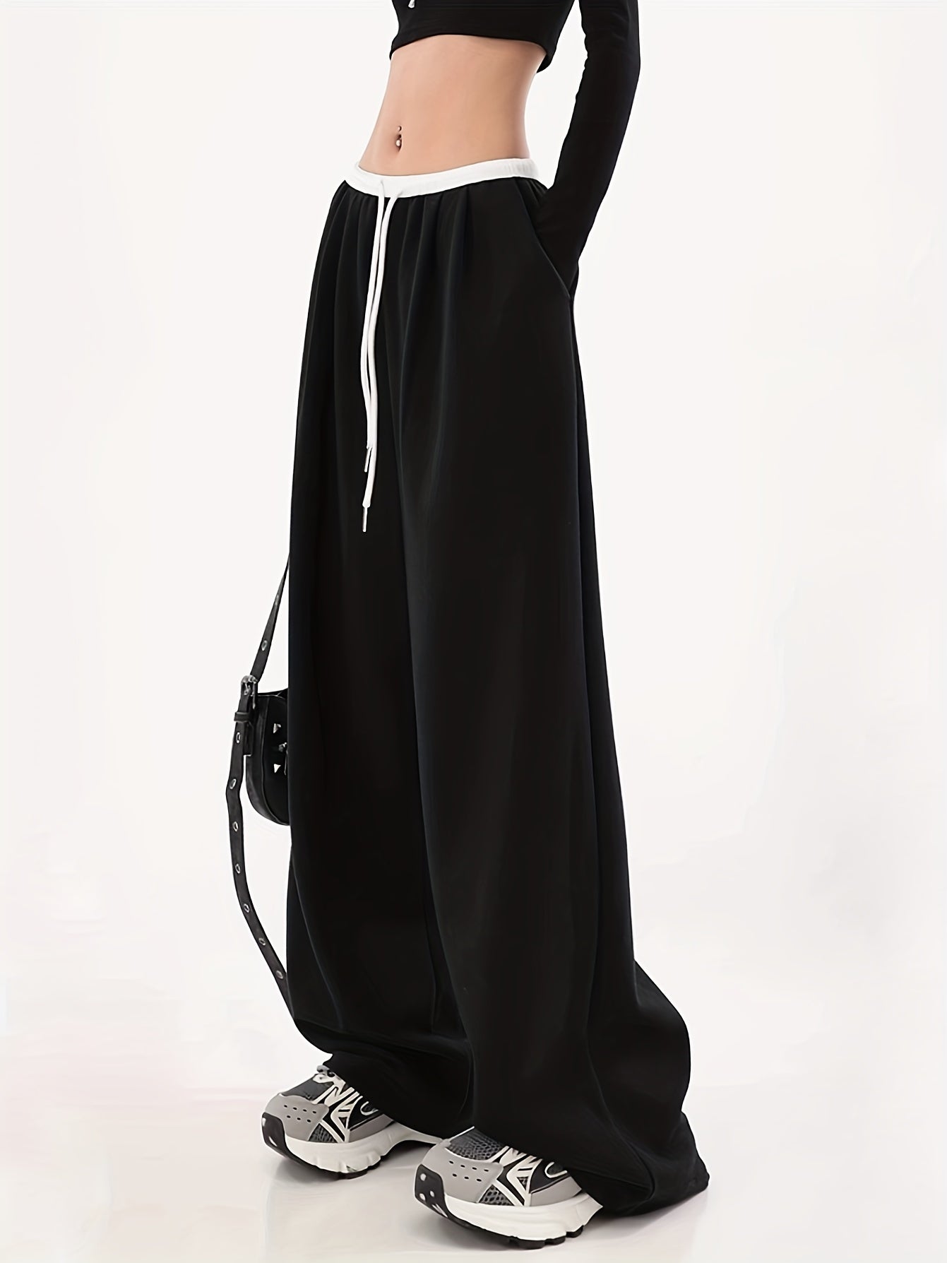 vlovelaw Color Block Wide Leg Pants, Casual Drawstring Loose Slant Pockets Pants For Spring & Fall, Women's Clothing