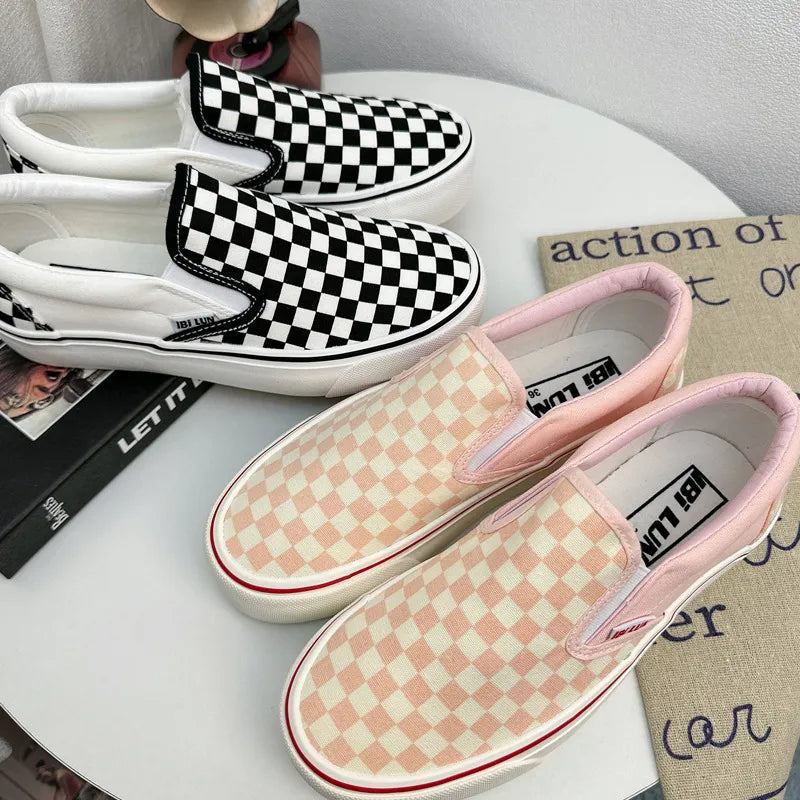 Quality Women Thick Sole Pink Canvas Shoes Checkered Female Black White Checkered Sneaker Slip On Girls Students Casual Shoes