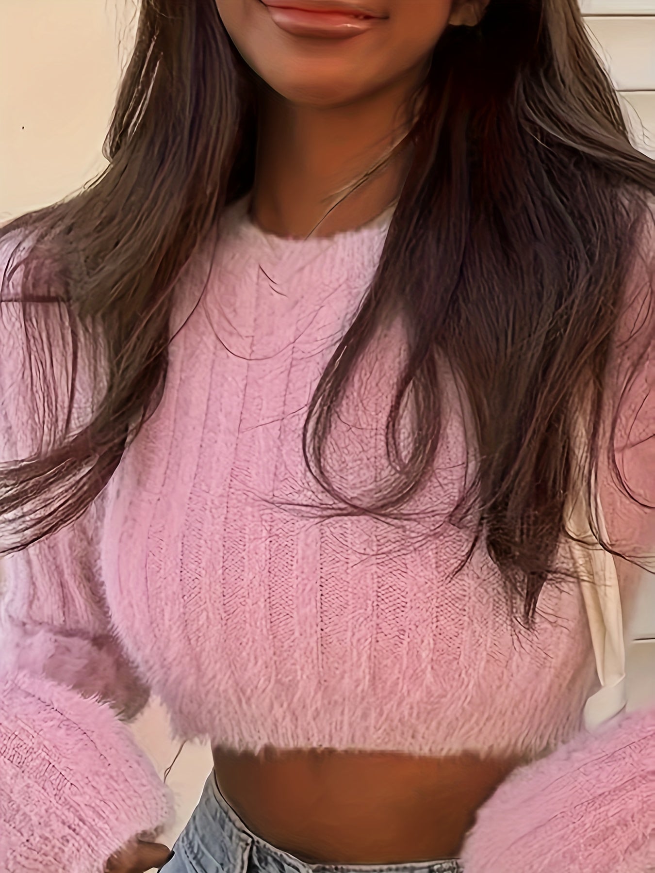 vlovelaw Y2K Solid Crew Neck Crop Sweater, Long Sleeve Sweater For Spring & Fall, Women's Clothing