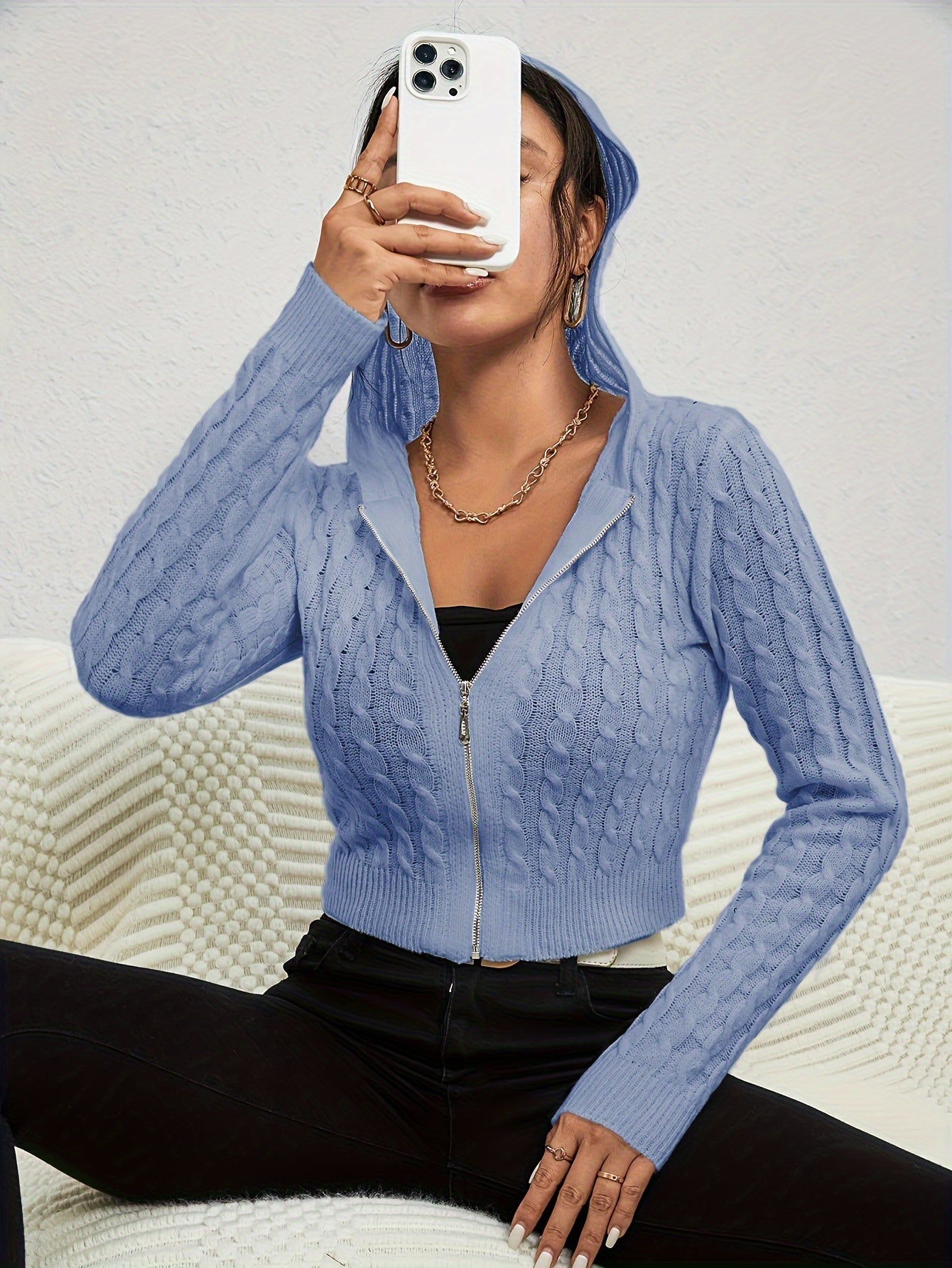 vlovelaw  vlovelaw  Zip Up Hooded Cable Knit Cardigan, Casual Long Sleeve Crop Sweater Jacket, Women's Clothing