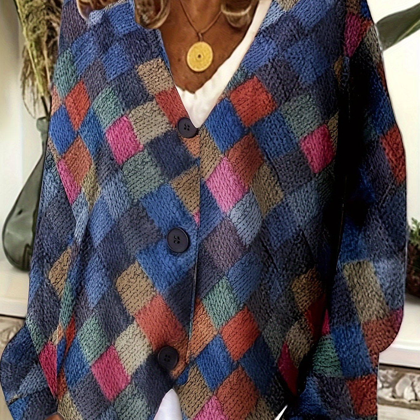 Patchwork Print Open Front Coat, Casual Button Front V Neck Outerwear, Women's Clothing