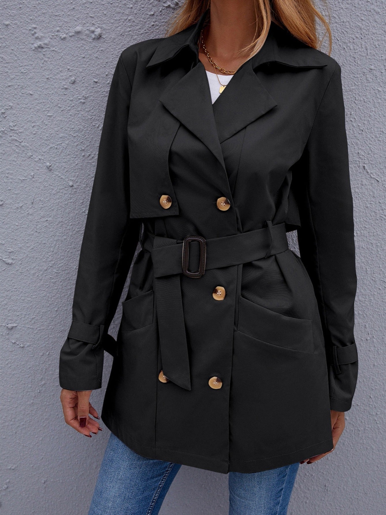 vlovelaw Double Breasted Long Trench Coat, Long Sleeve Windproof Classic Lapel Slim Belted Outerwear, Women's Clothing