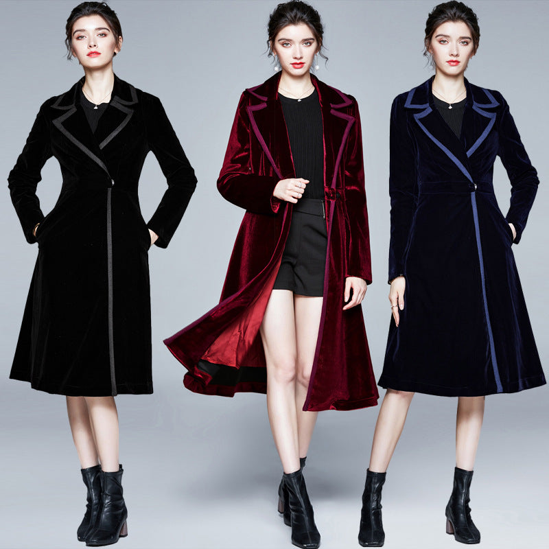Velvet trench coat women's medium and long autumn and winter new popular women's clothing temperament waist coat coat Popularan goods tide