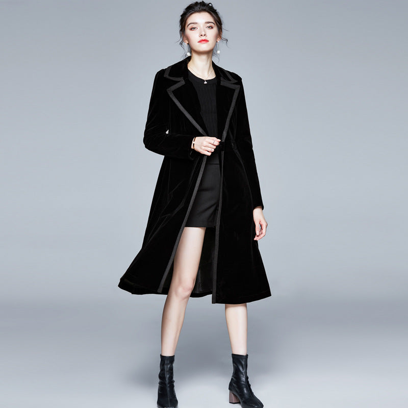 Velvet trench coat women's medium and long autumn and winter new popular women's clothing temperament waist coat coat Popularan goods tide